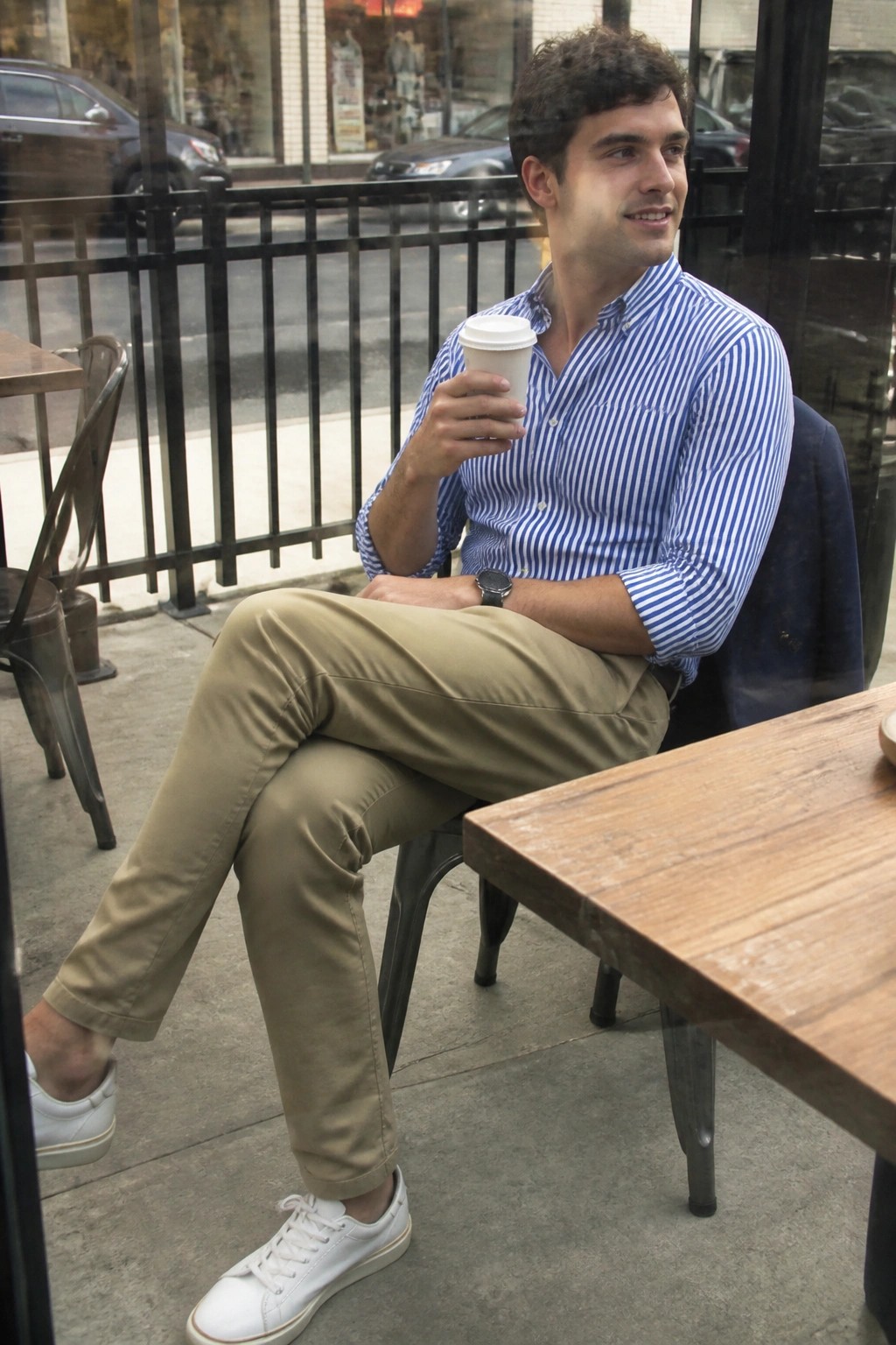 Man seated at a wooden table wearing a blue and white striped button down shirt with rolled sleeves, khaki pants, and white sneakers while holding a coffee cup with a navy blazer on the back of the chair.