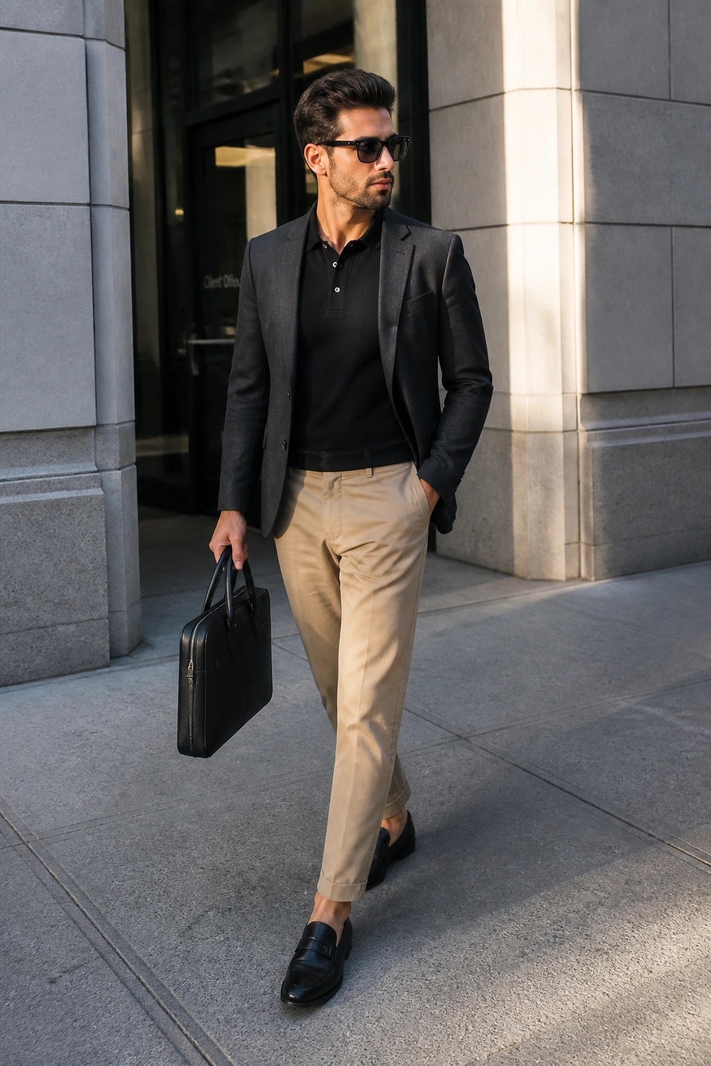Man in gray blazer and khaki pants carrying black briefcase on city sidewalk