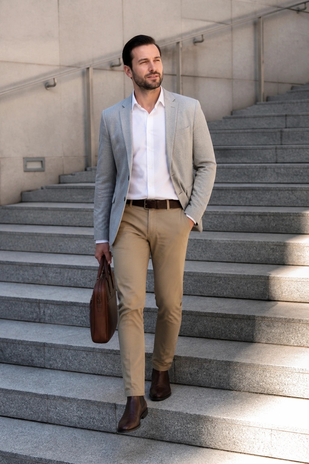 Man in gray blazer and beige pants holding brown bag on stone steps