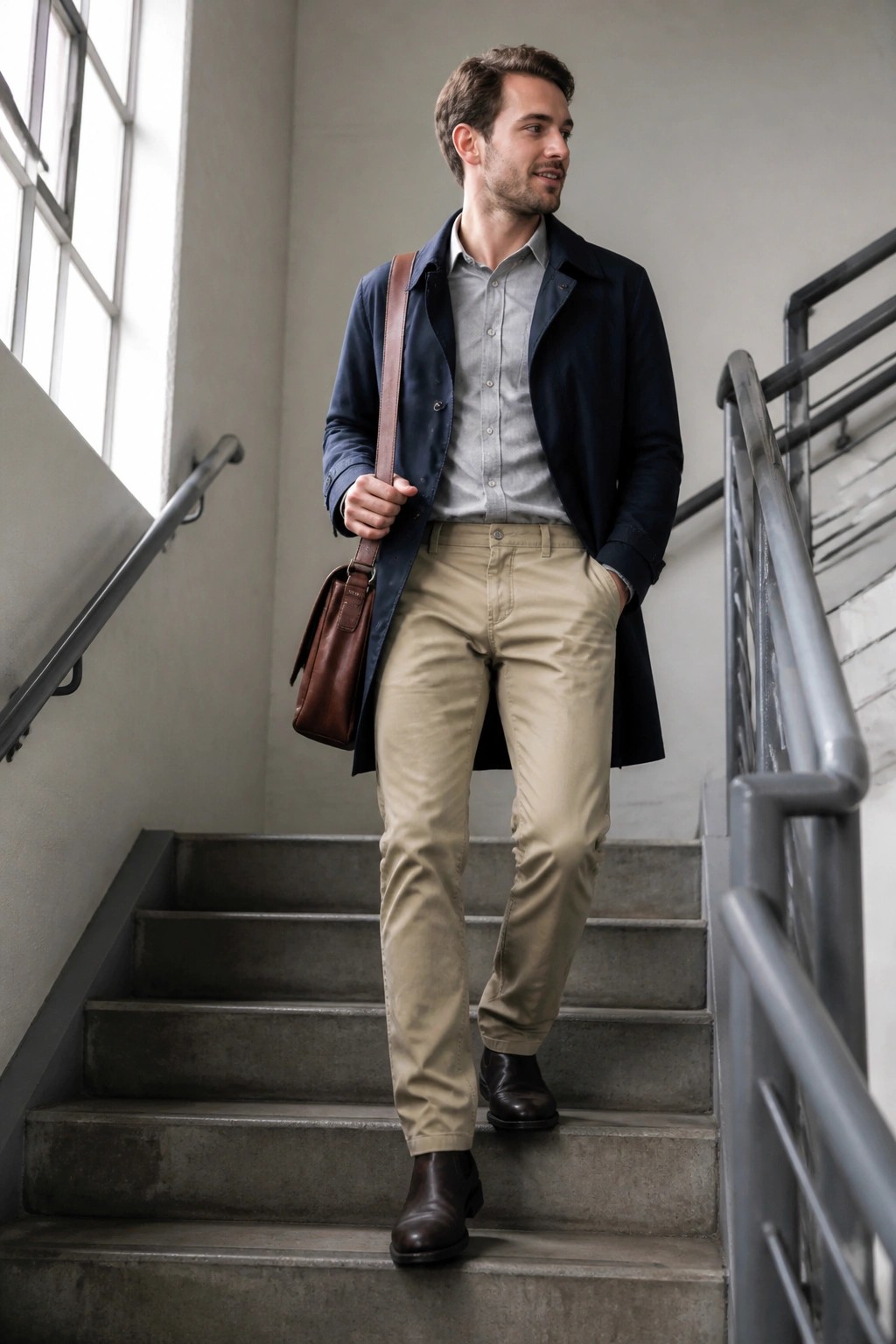 Man in navy coat and khaki pants with brown leather bag on stairs