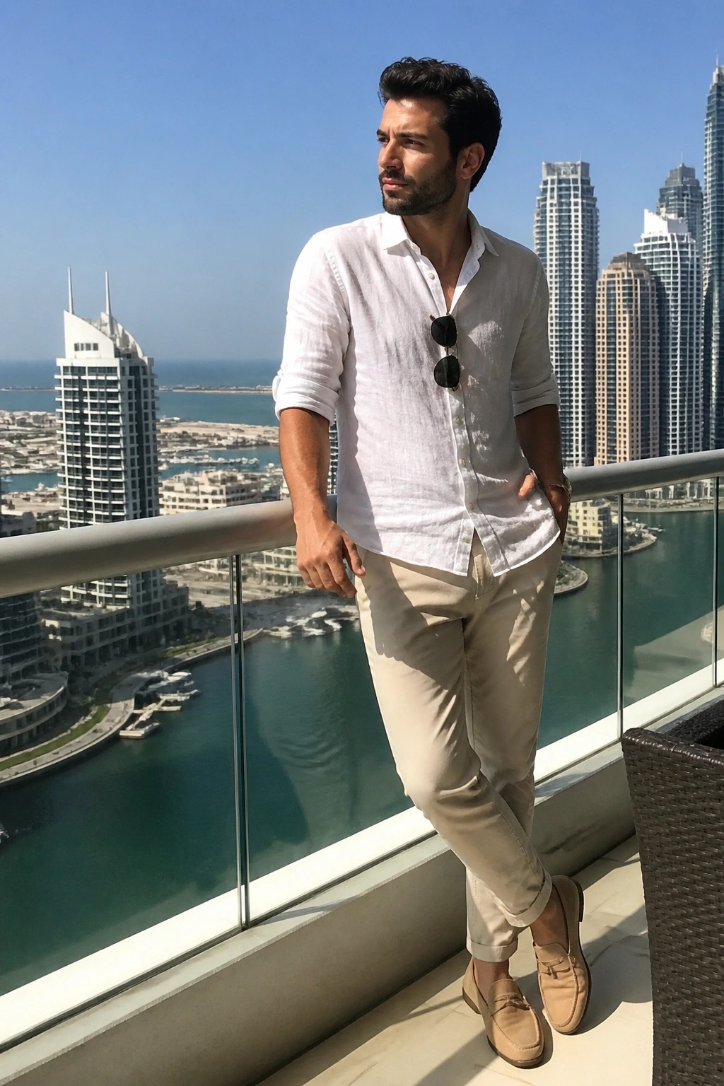 Man wearing a white button down shirt with rolled sleeves tucked into beige khaki pants and paired with light brown loafers in a full length view.