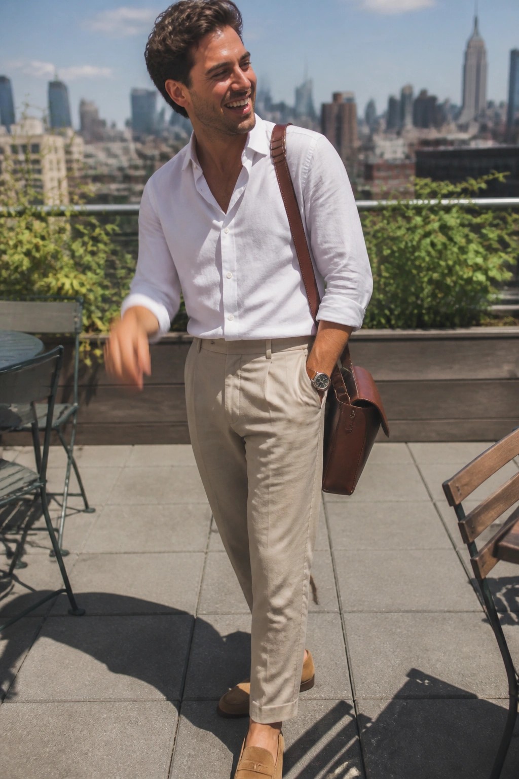 Smiling man in white shirt and beige pants with brown leather bag on sunny rooftop