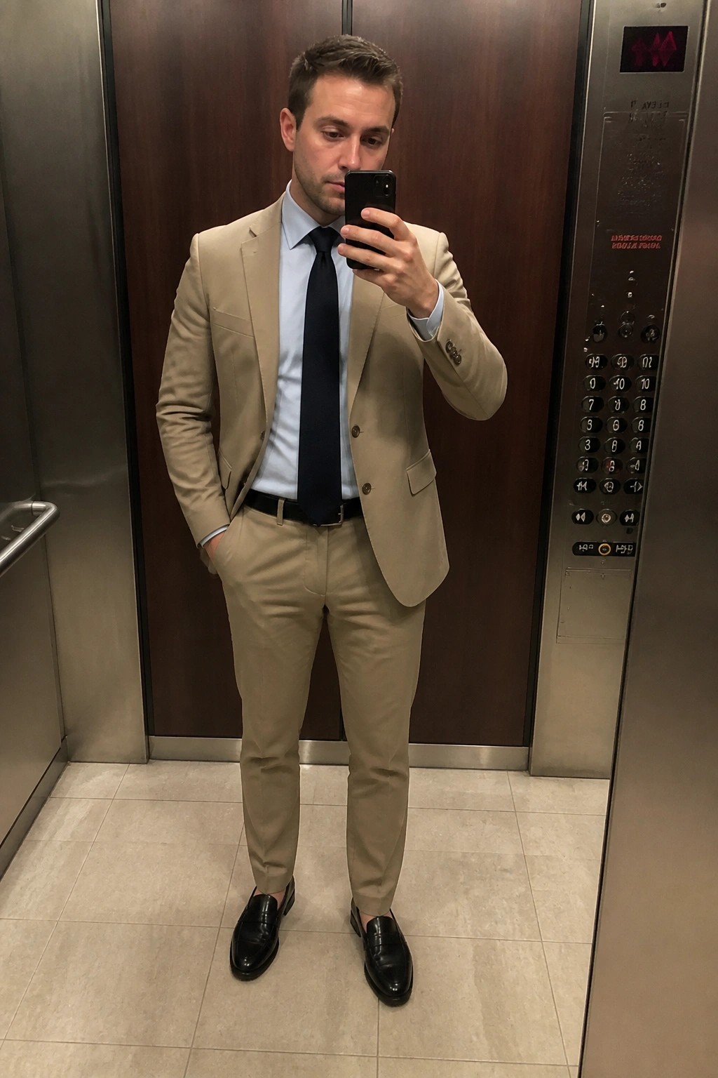 Man in tan suit with navy tie taking mirror selfie in elevator
