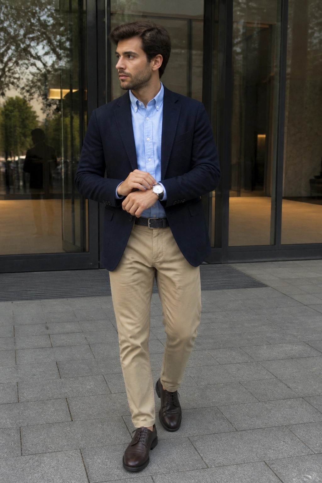 Man in navy blazer, blue shirt, and khaki pants adjusting watch outdoors.