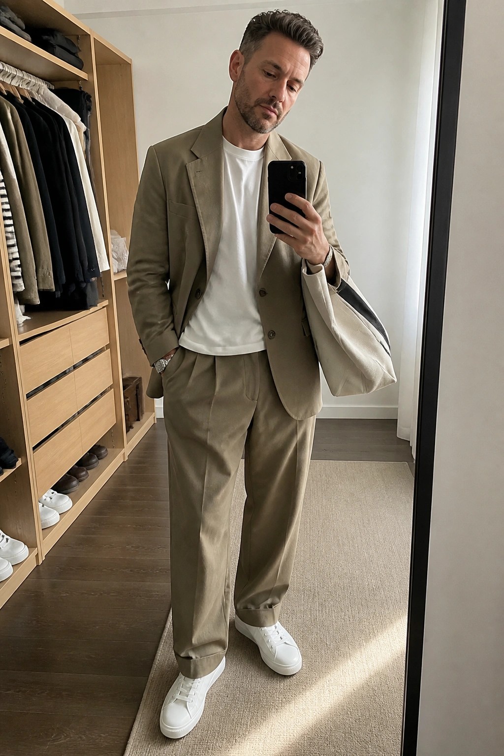 Man in beige suit taking mirror selfie with phone and tote bag in closet