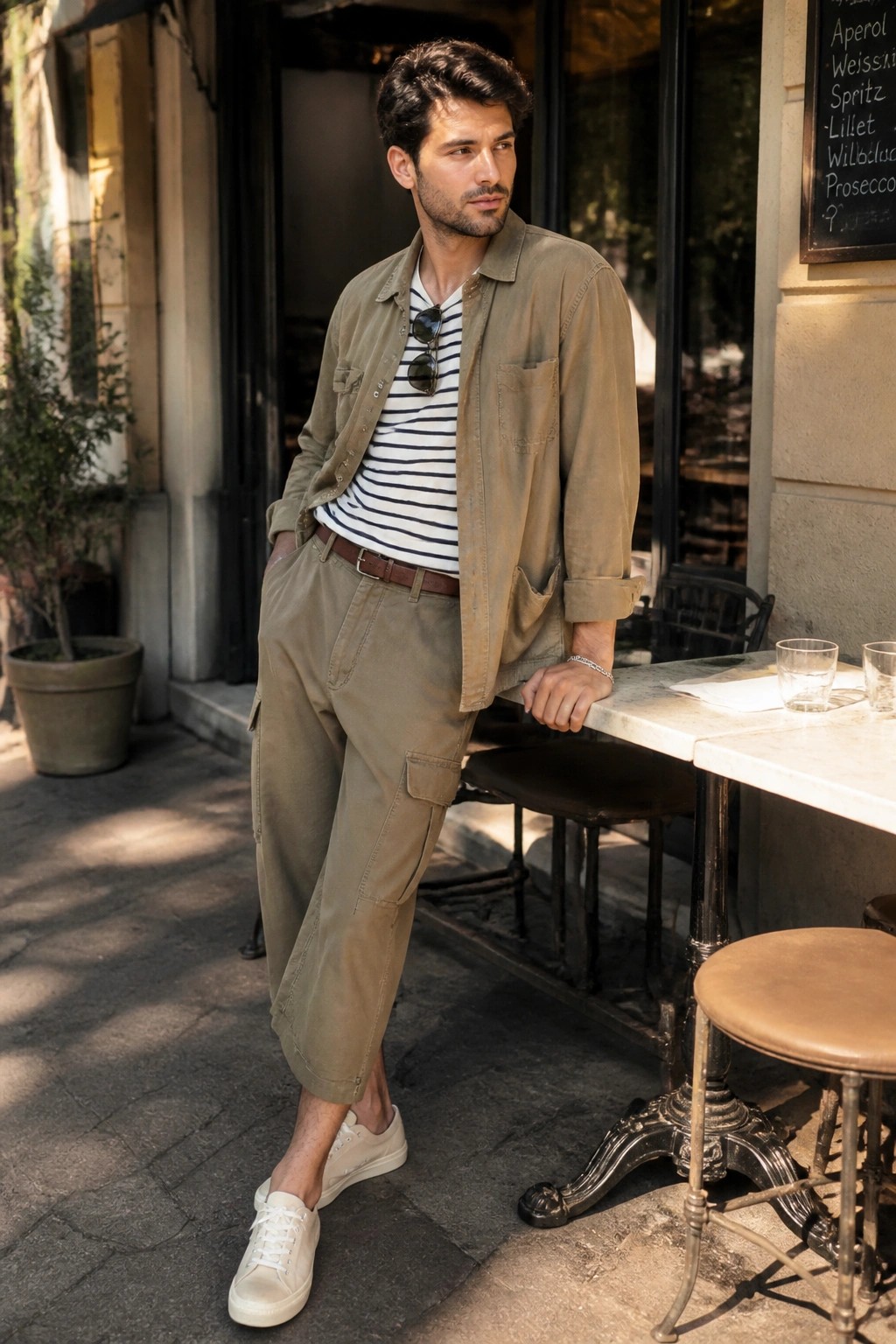Man in olive cargo pants and jacket over striped shirt at cafe table