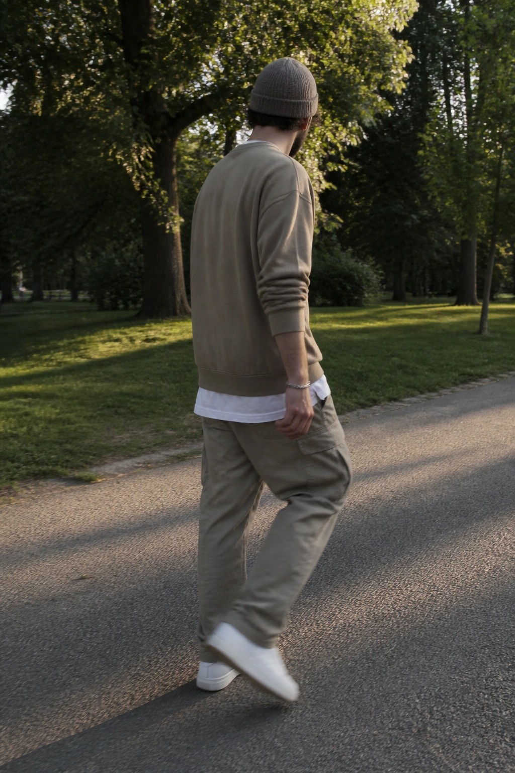 Man in beige sweatshirt and cargo pants walks on park path wearing beanie