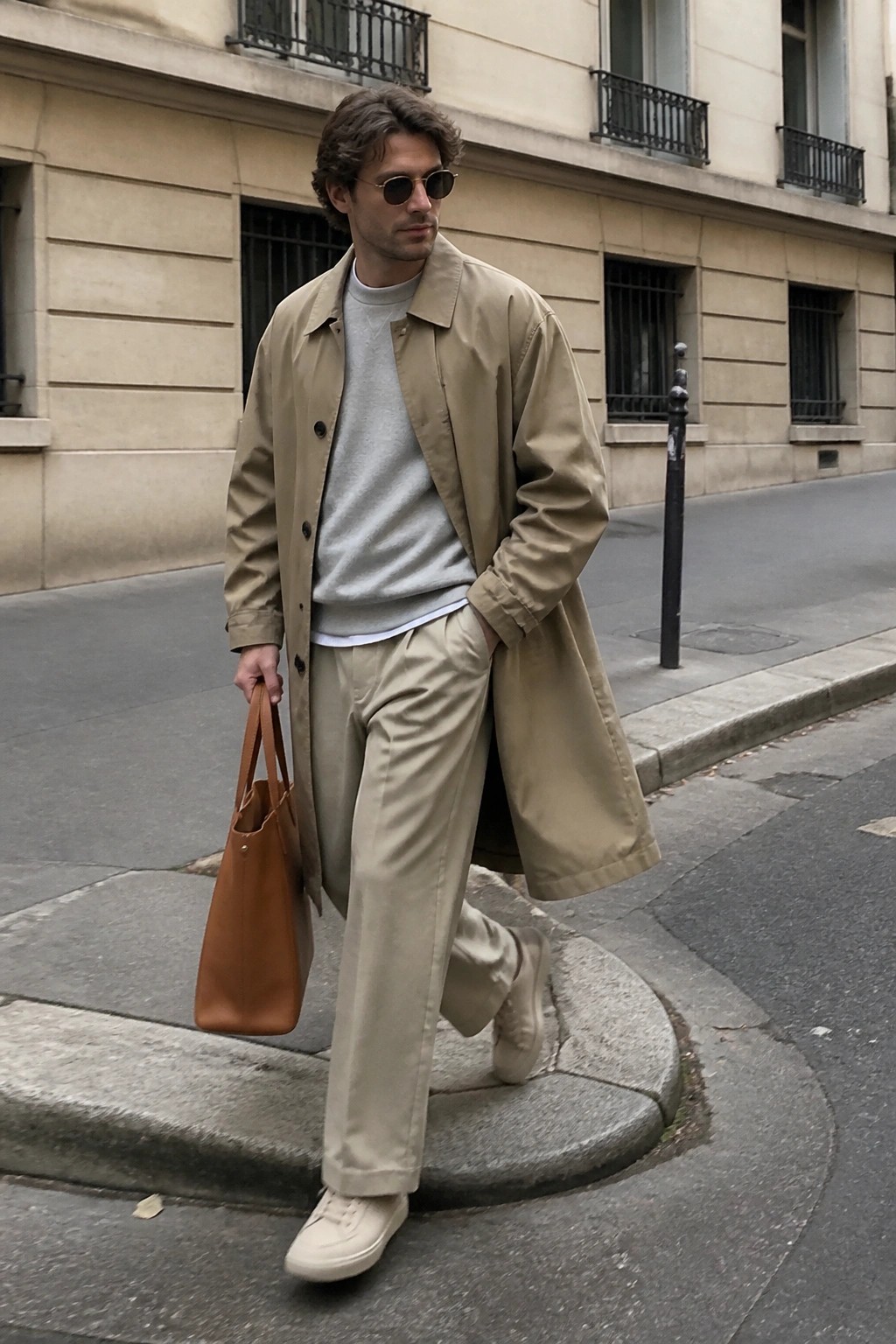 Man wearing an oversized khaki trench coat over a light grey sweater and white t-shirt, paired with matching beige pants, white sneakers, and holding a brown leather tote bag on a city street.