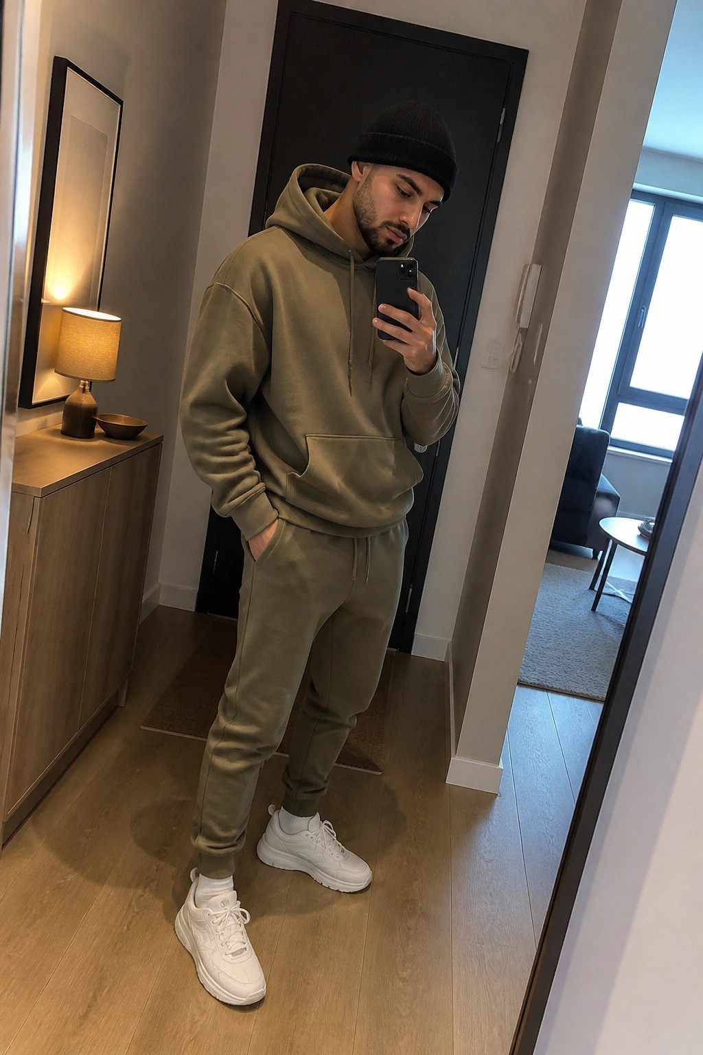 Man wearing oversized khaki hoodie and joggers with white chunky sneakers and black beanie taking a mirror selfie indoors.