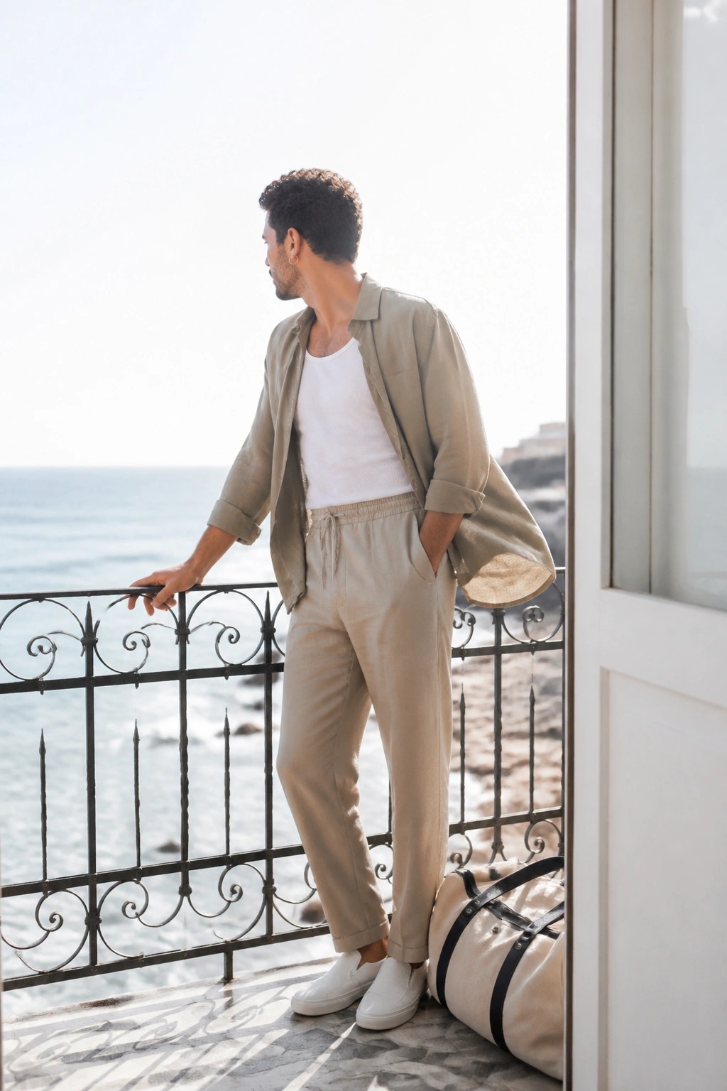 Man in beige linen outfit on ocean-view balcony with duffel bag nearby.