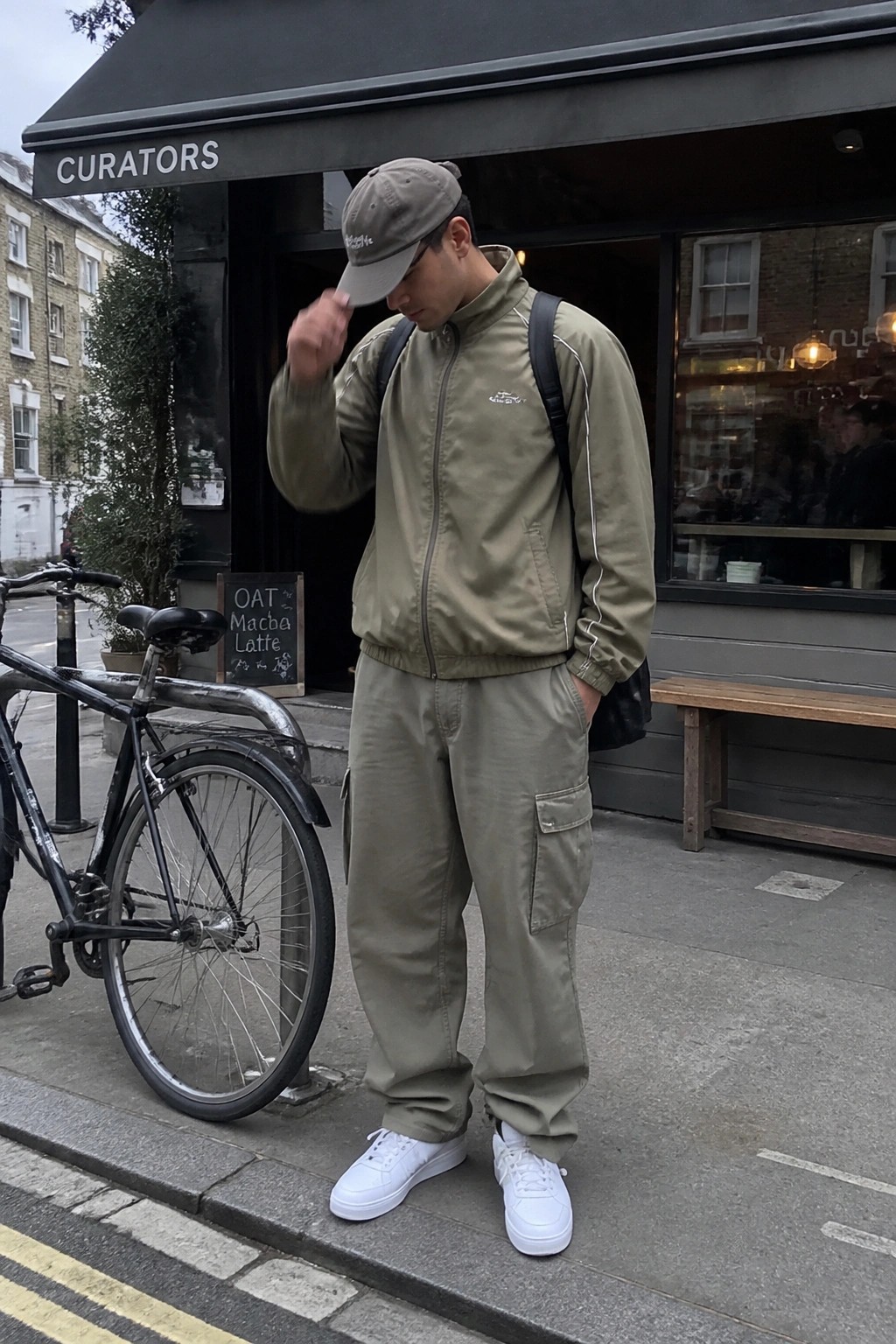 Man in olive tracksuit adjusts cap by bike on city sidewalk