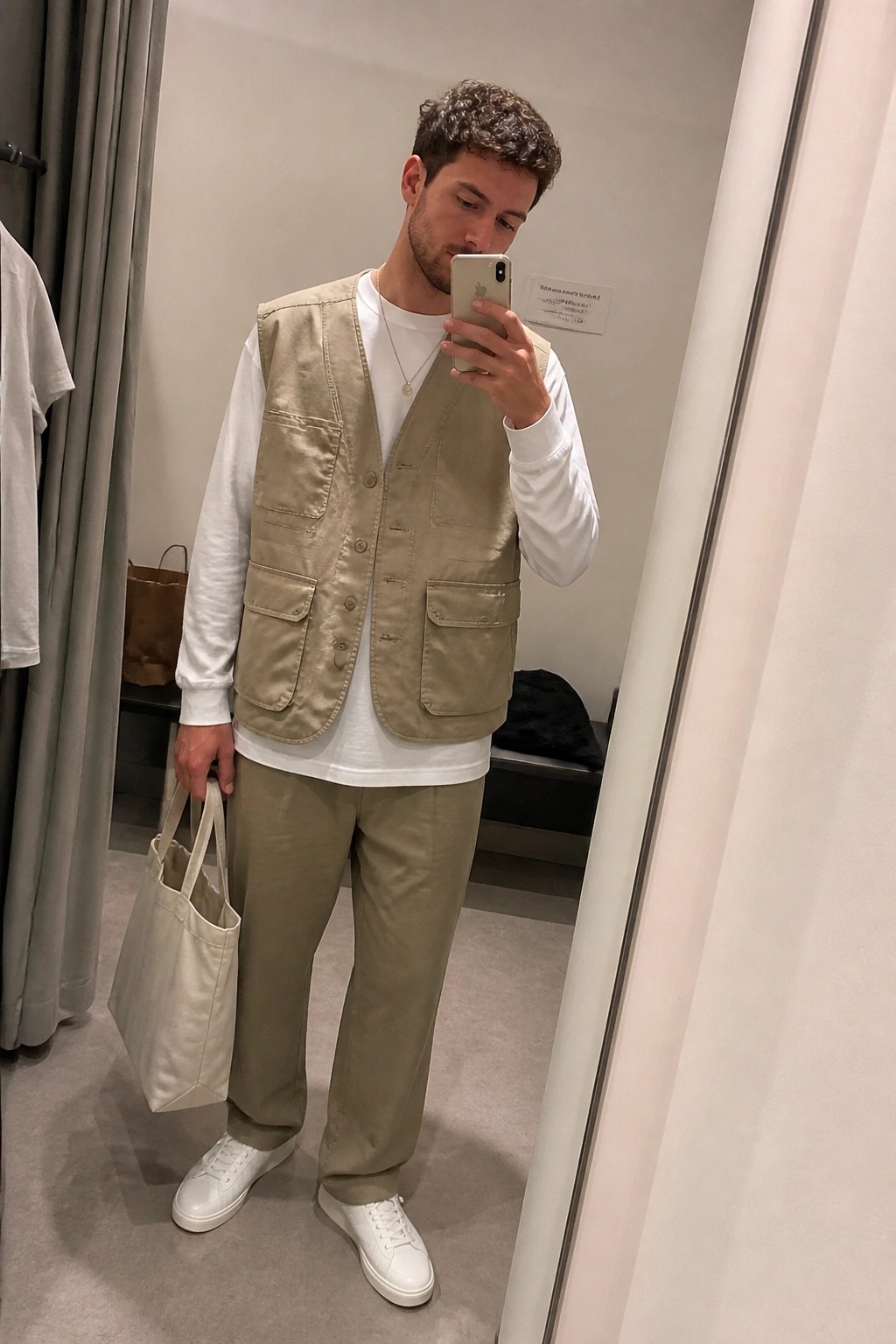 Man in beige cargo vest takes mirror selfie holding white tote bag in fitting room