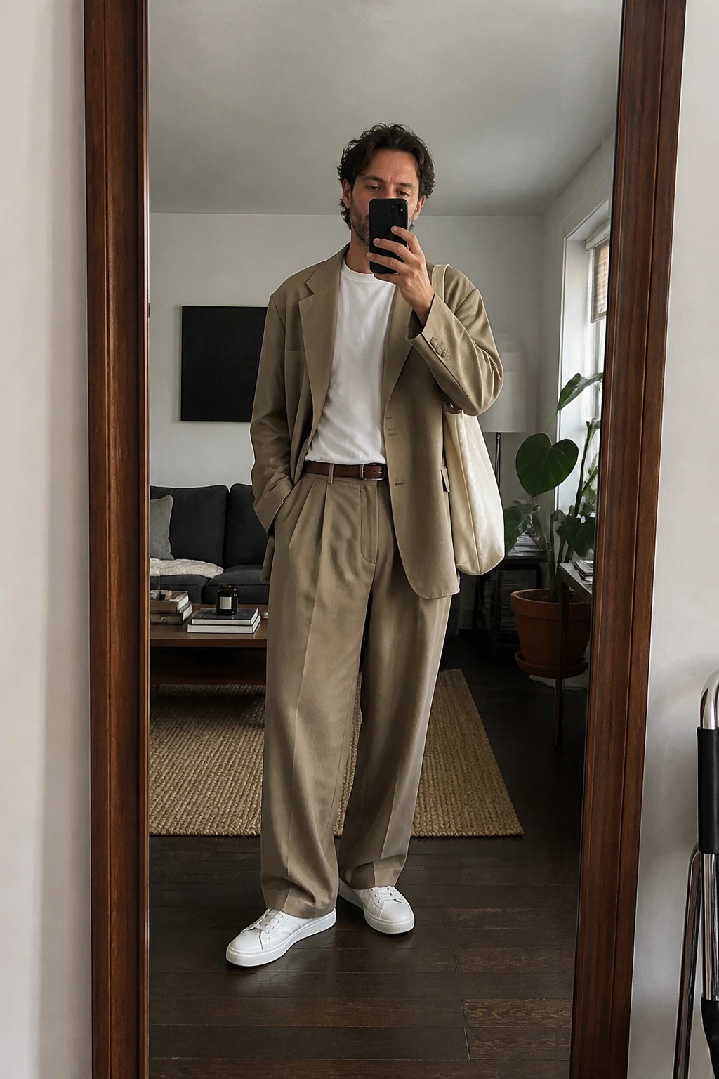 Man in beige suit taking mirror selfie with phone and tote bag in living room.