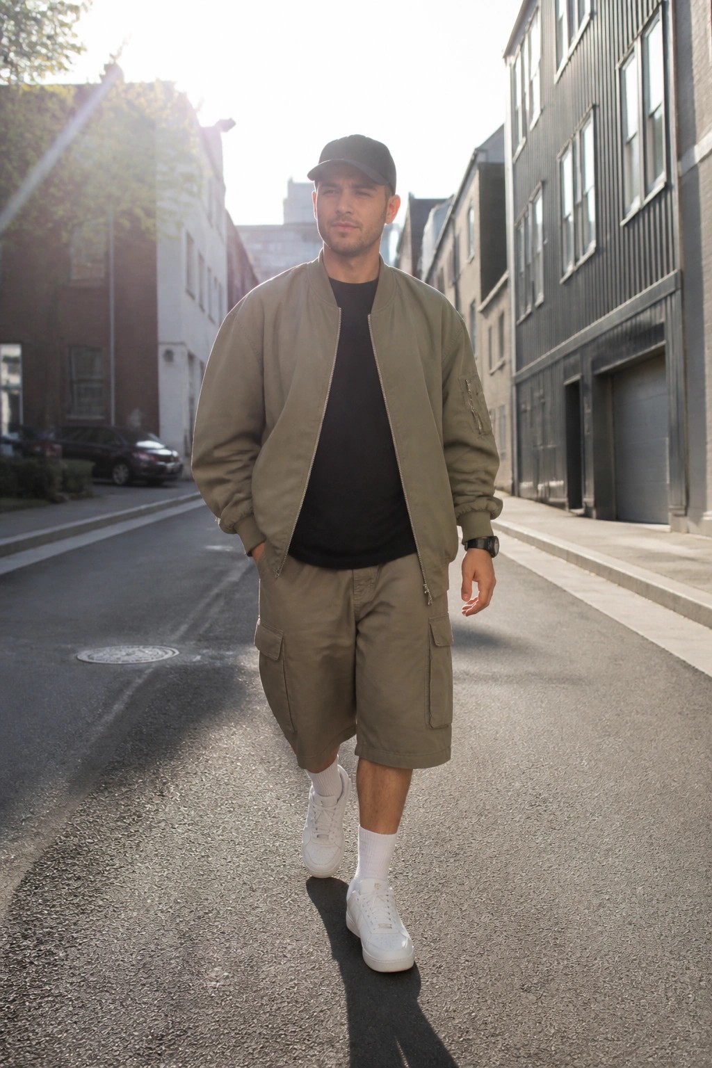 Man in olive bomber jacket and cargo shorts walking on sunny city street