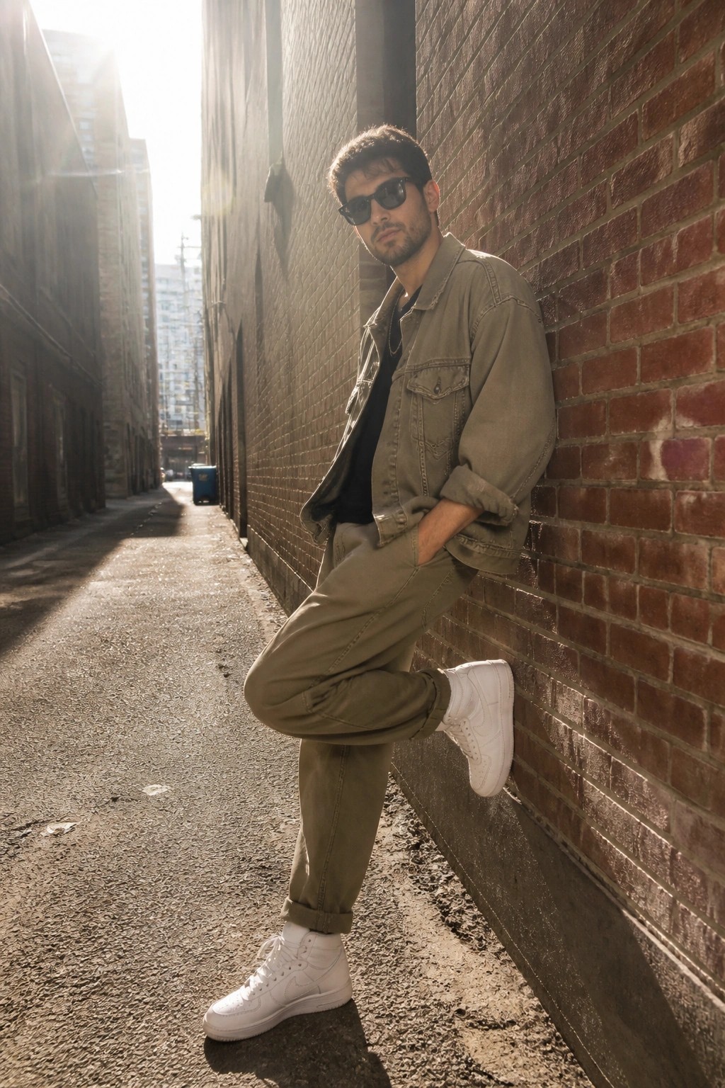 Man in green jacket and white sneakers leaning on brick alley wall