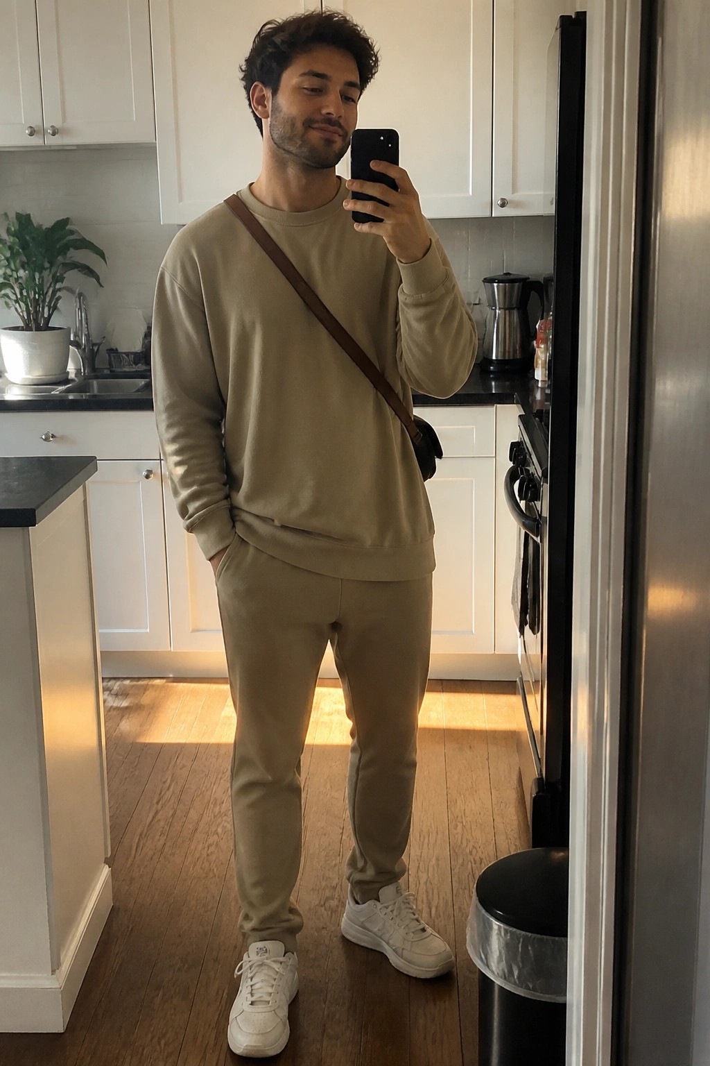 Man in beige sweatsuit taking mirror selfie in bright modern kitchen
