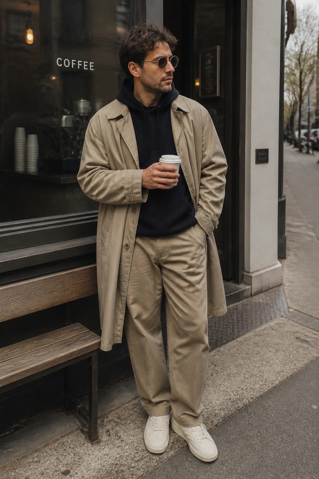 Man in beige trench coat and black hoodie holding coffee outside cafe.