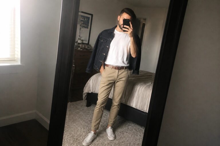 Man in denim jacket, white tee, and khakis taking bedroom mirror selfie