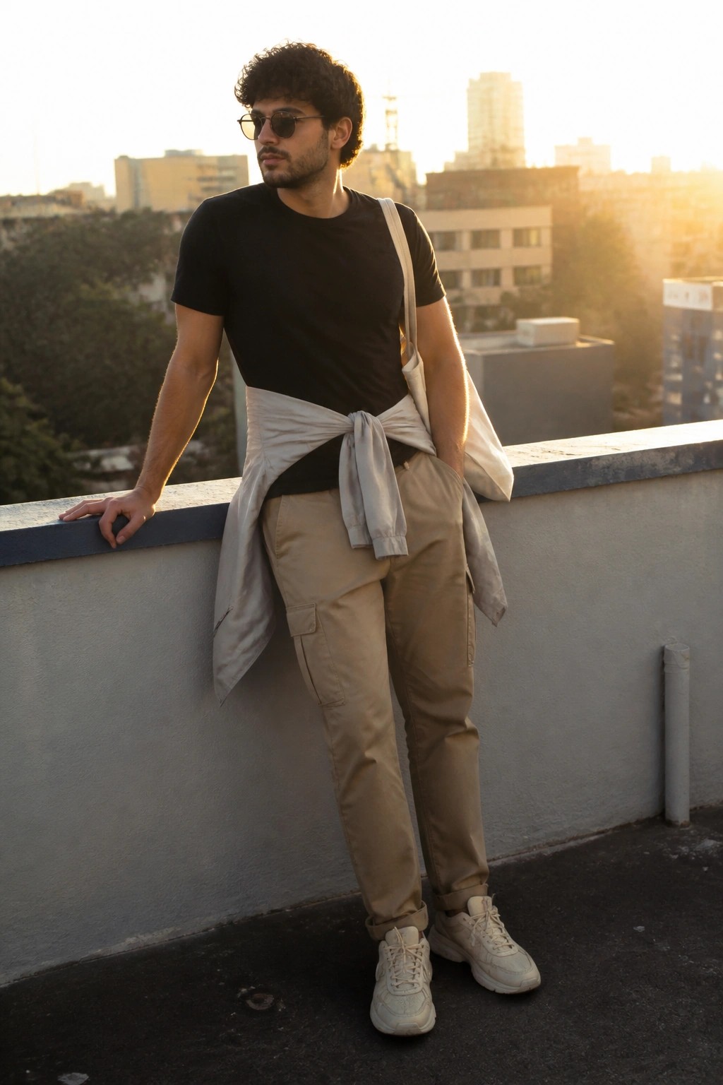 Man in black t-shirt and beige cargo pants with tied bag on rooftop at sunset