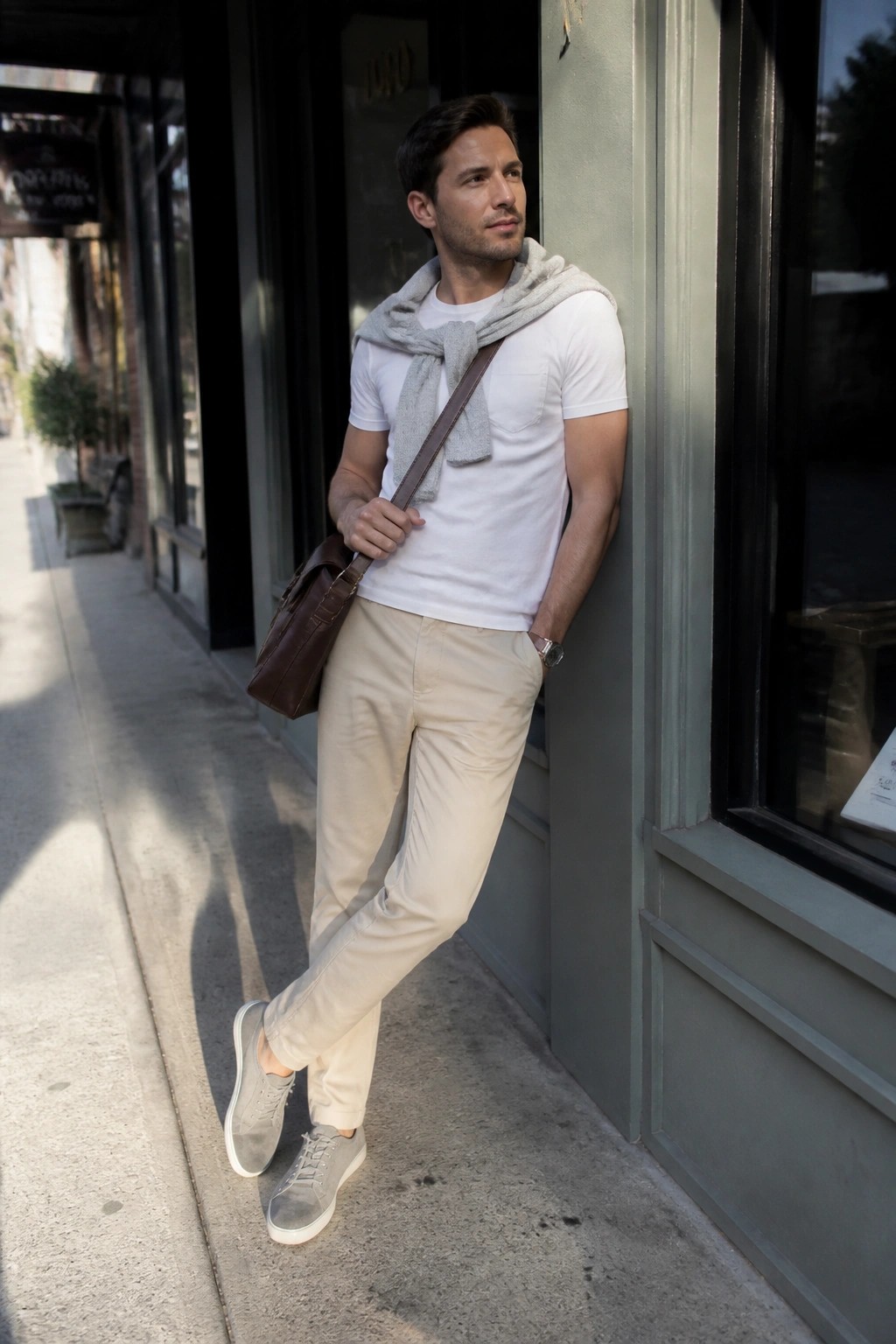 Man in white t-shirt and beige pants leaning on building with brown bag