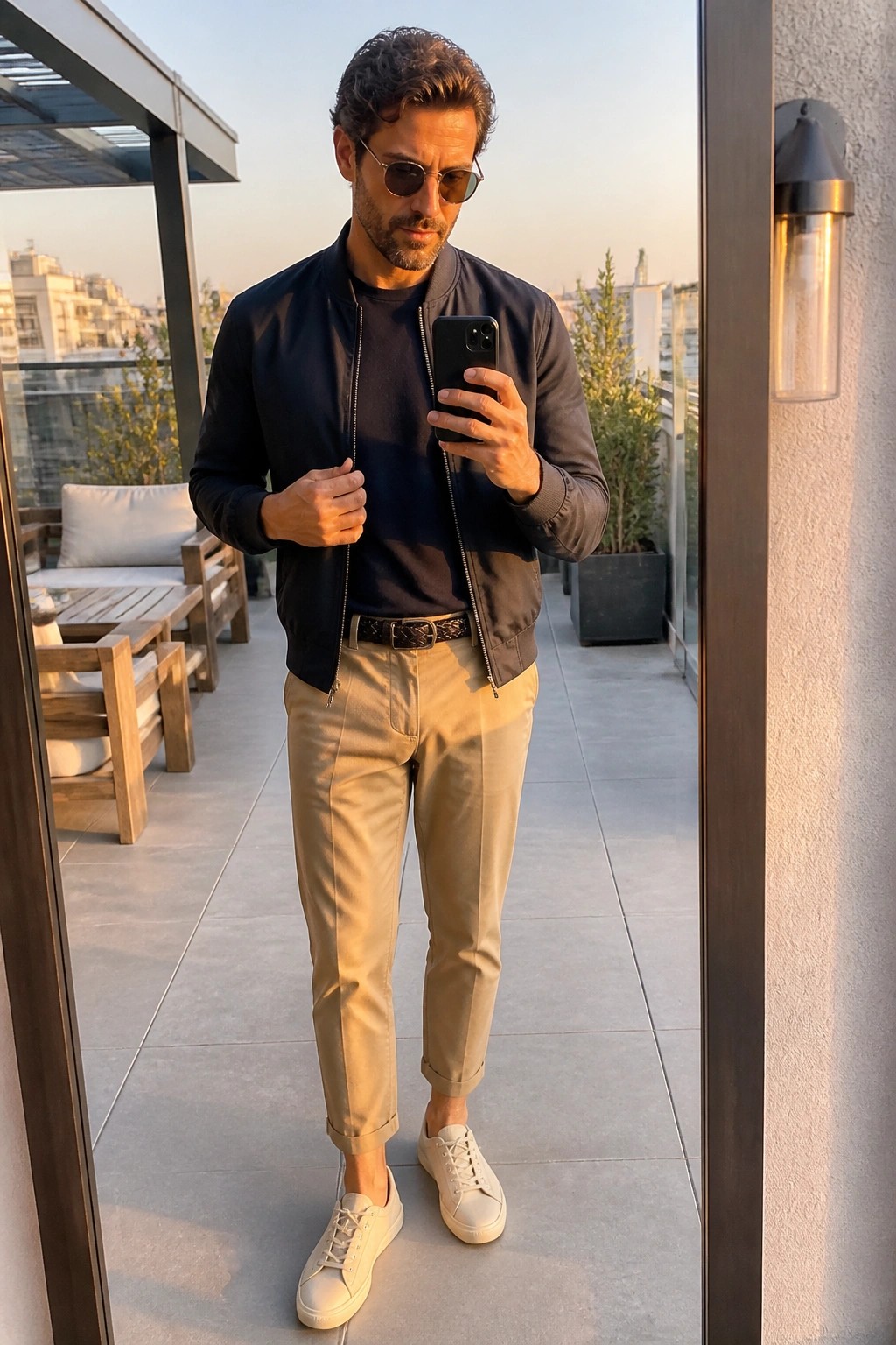 Man in navy bomber jacket and beige pants checks phone on balcony