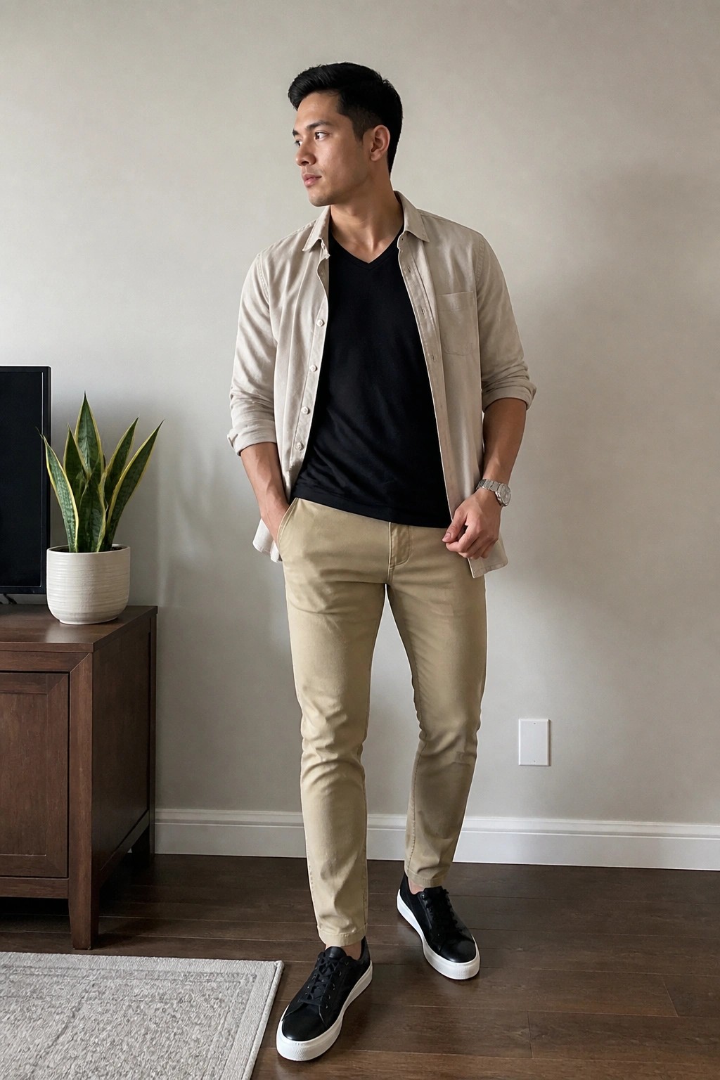 Man in beige shirt over black tee with khaki pants and black sneakers in room