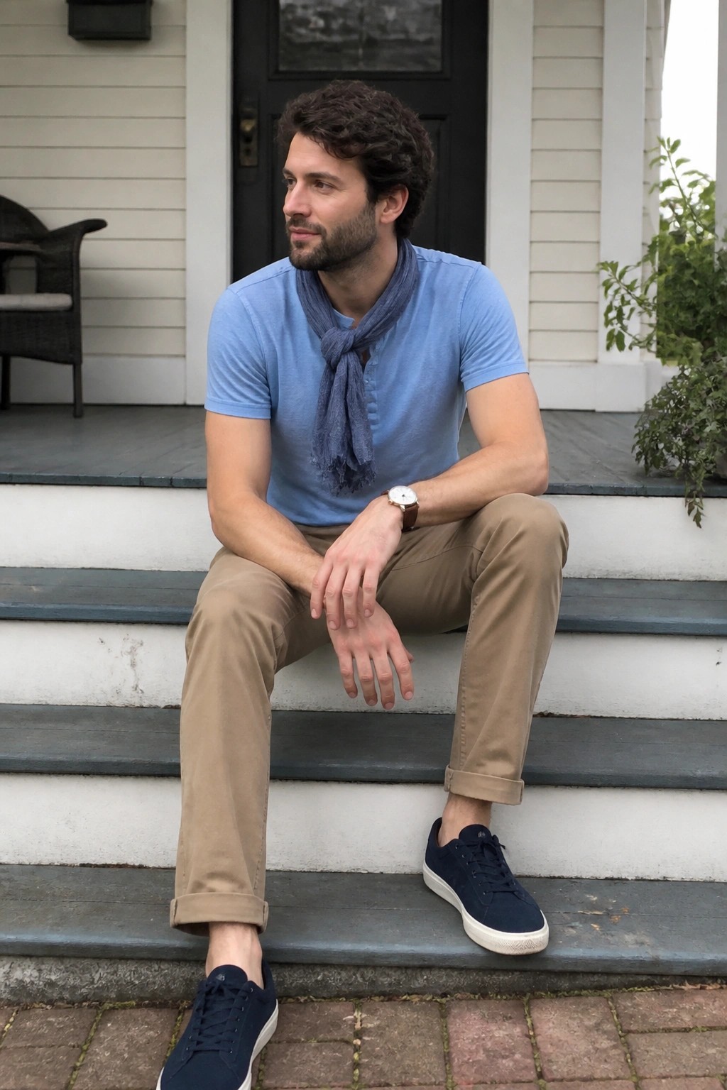 Bearded man in blue shirt with scarf and khaki pants on house steps.