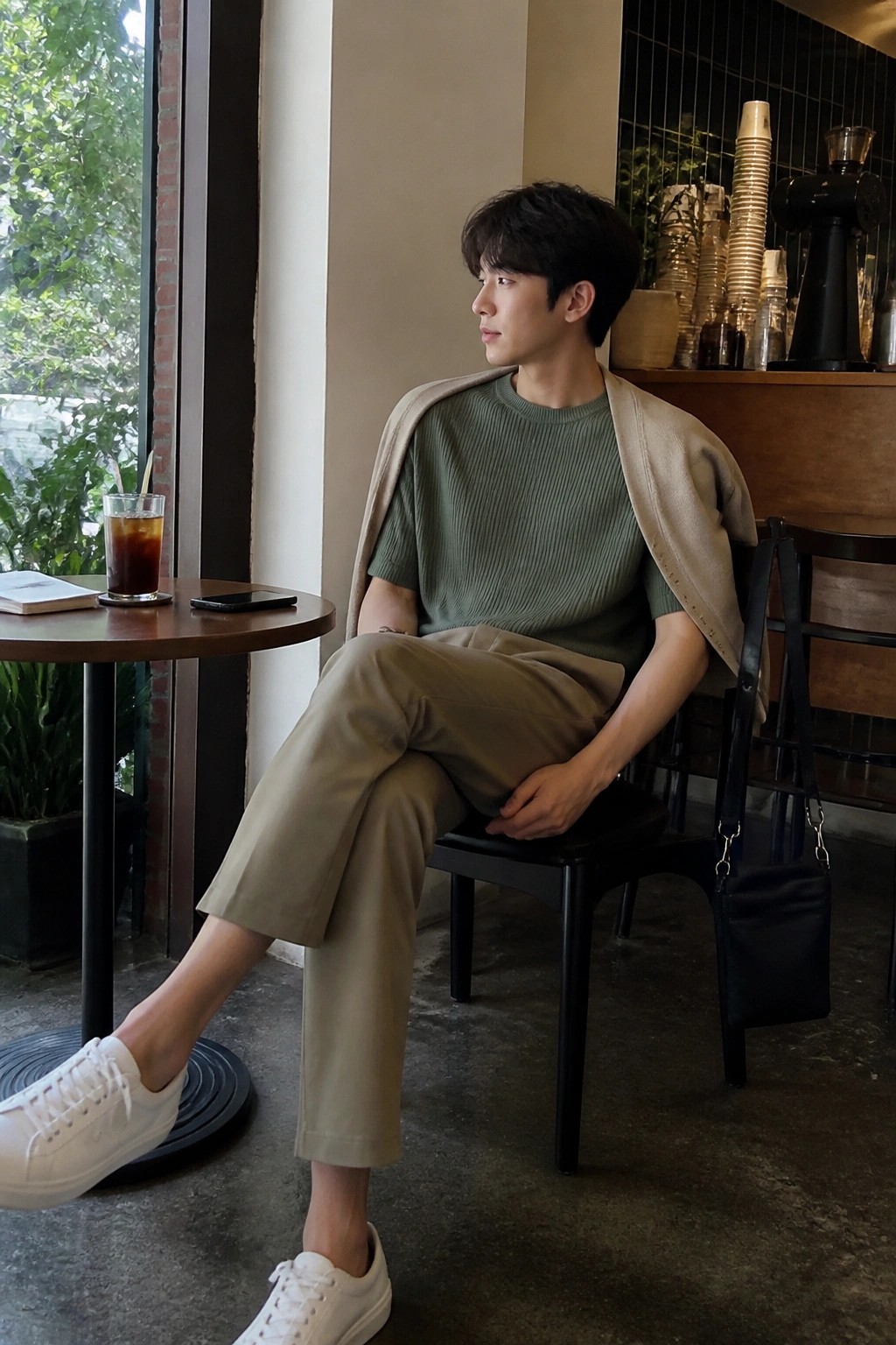 Man in green sweater and beige pants seated in modern cafe with iced coffee.