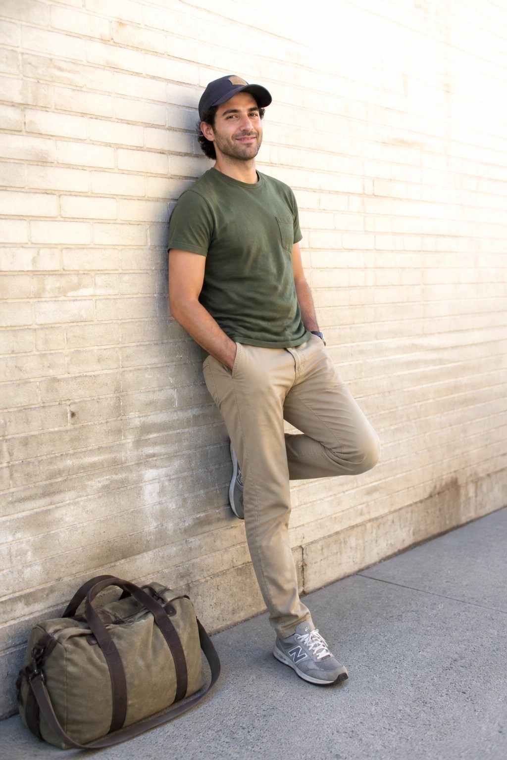 Man in green shirt and cap leaning against brick wall beside duffel bag.