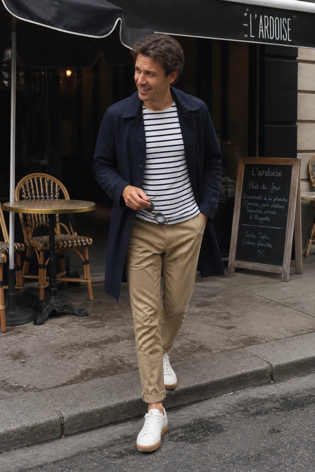 Man in navy jacket over striped shirt and khaki pants outside French cafe