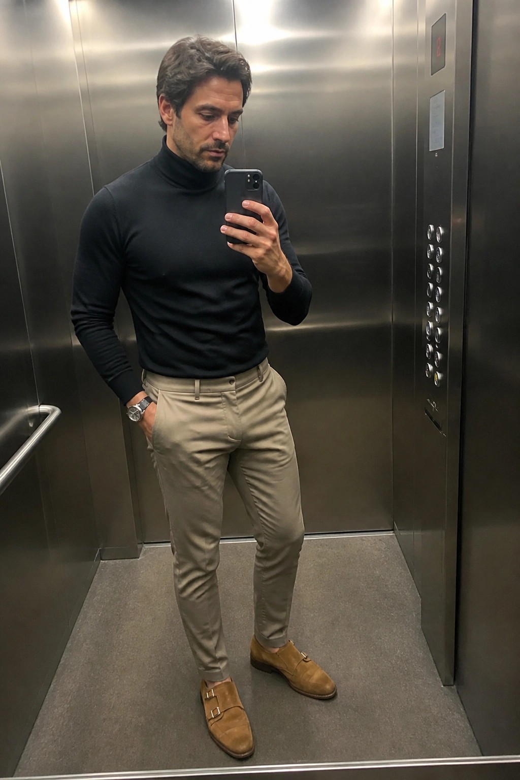 Man in black turtleneck and beige pants taking mirror selfie in elevator