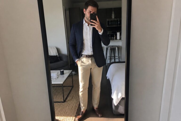 19 Elegant Formal Khaki Pants Outfits for Men for Dressier Events and Celebrations Man in navy blazer, white shirt, and khaki pants taking mirror selfie in apartment