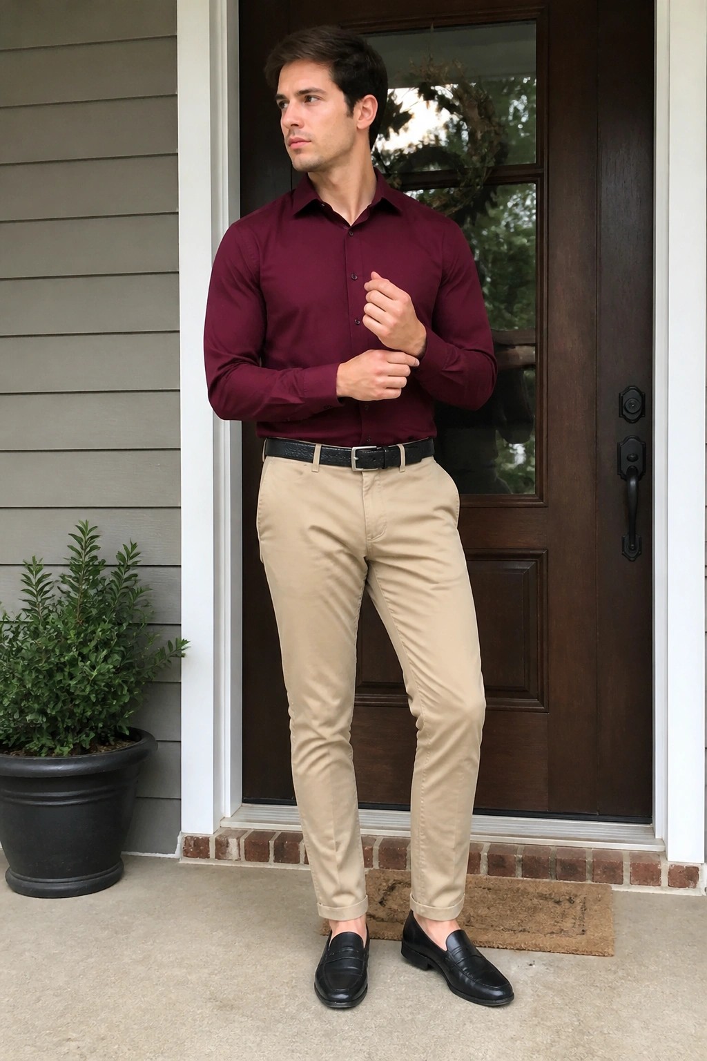 Man in maroon shirt and khaki pants adjusting cuffs at front door