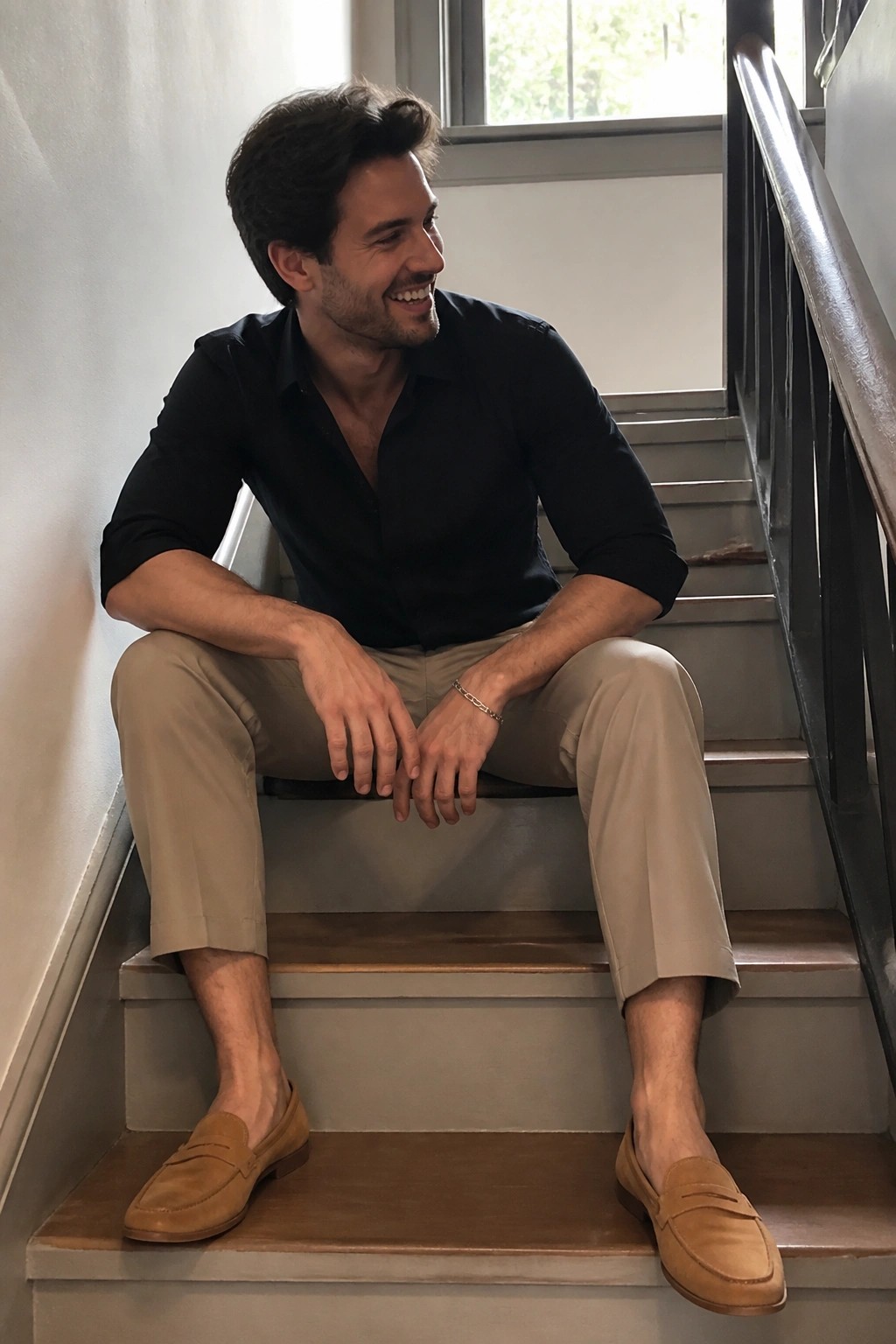Smiling man in black shirt and beige pants seated on wooden stairs