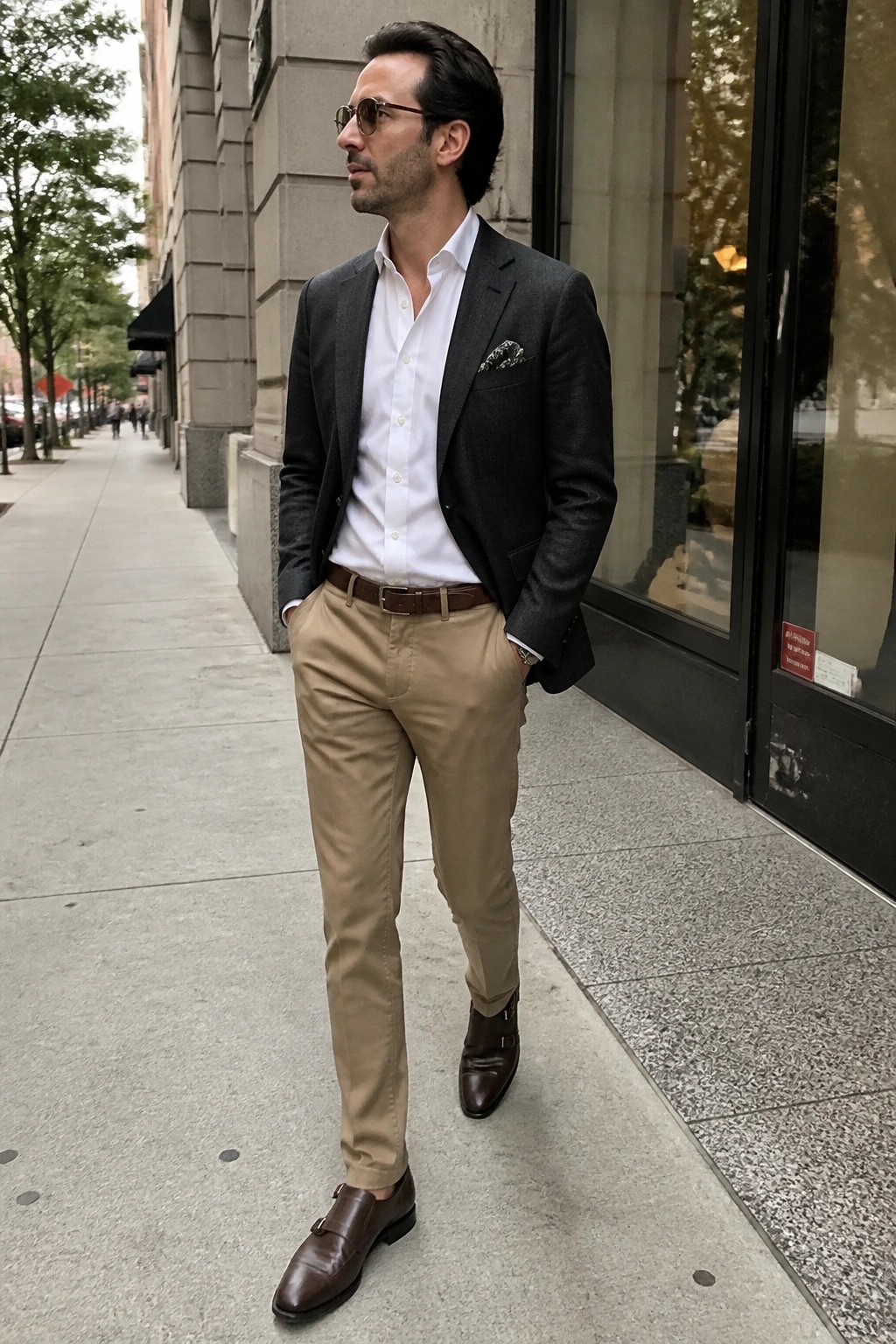 Man in dark blazer, white shirt, tan pants, and brown shoes on sidewalk