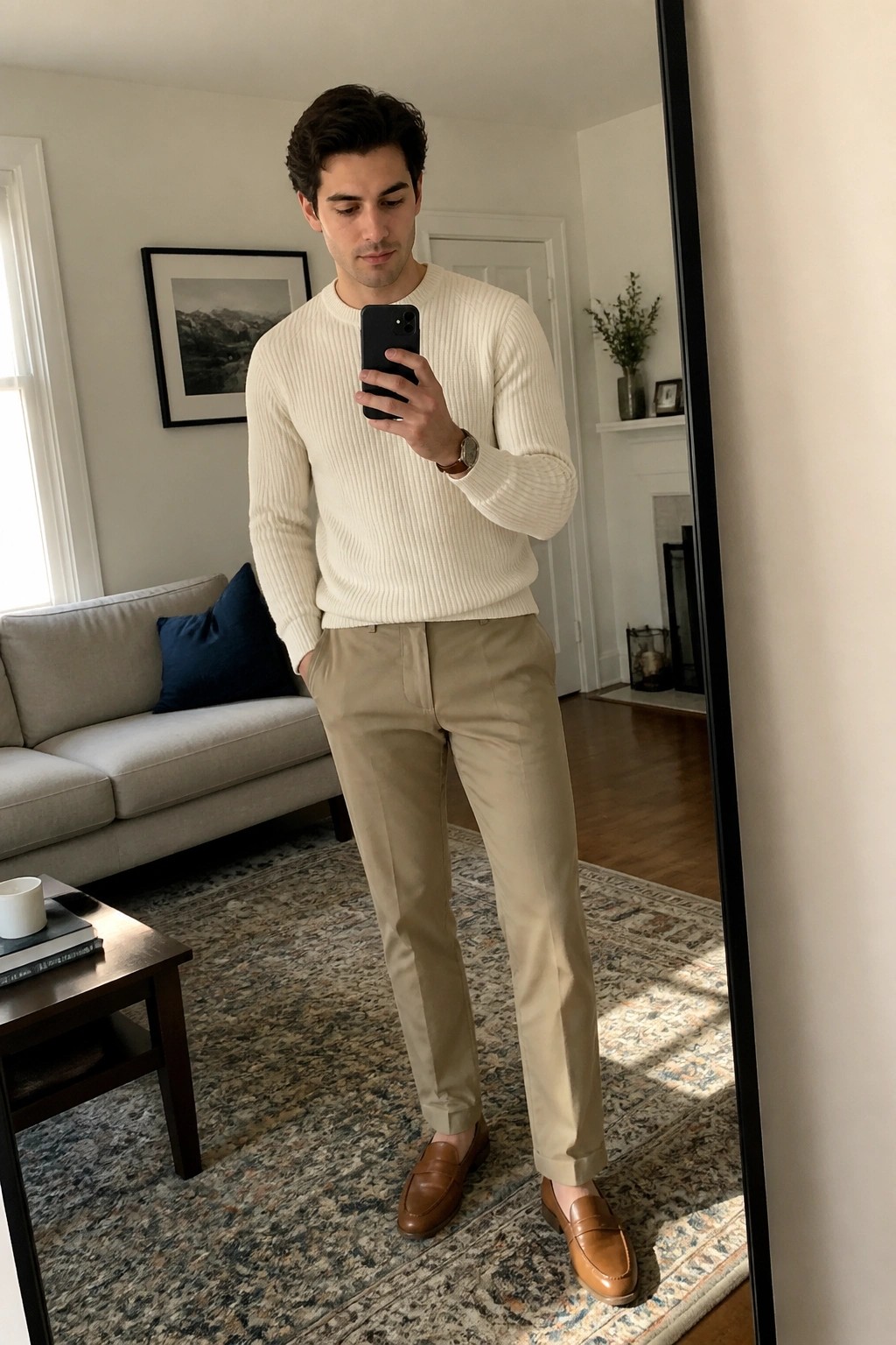 Man wearing cream ribbed sweater, khaki pants, and brown leather loafers taking a mirror selfie in a living room.