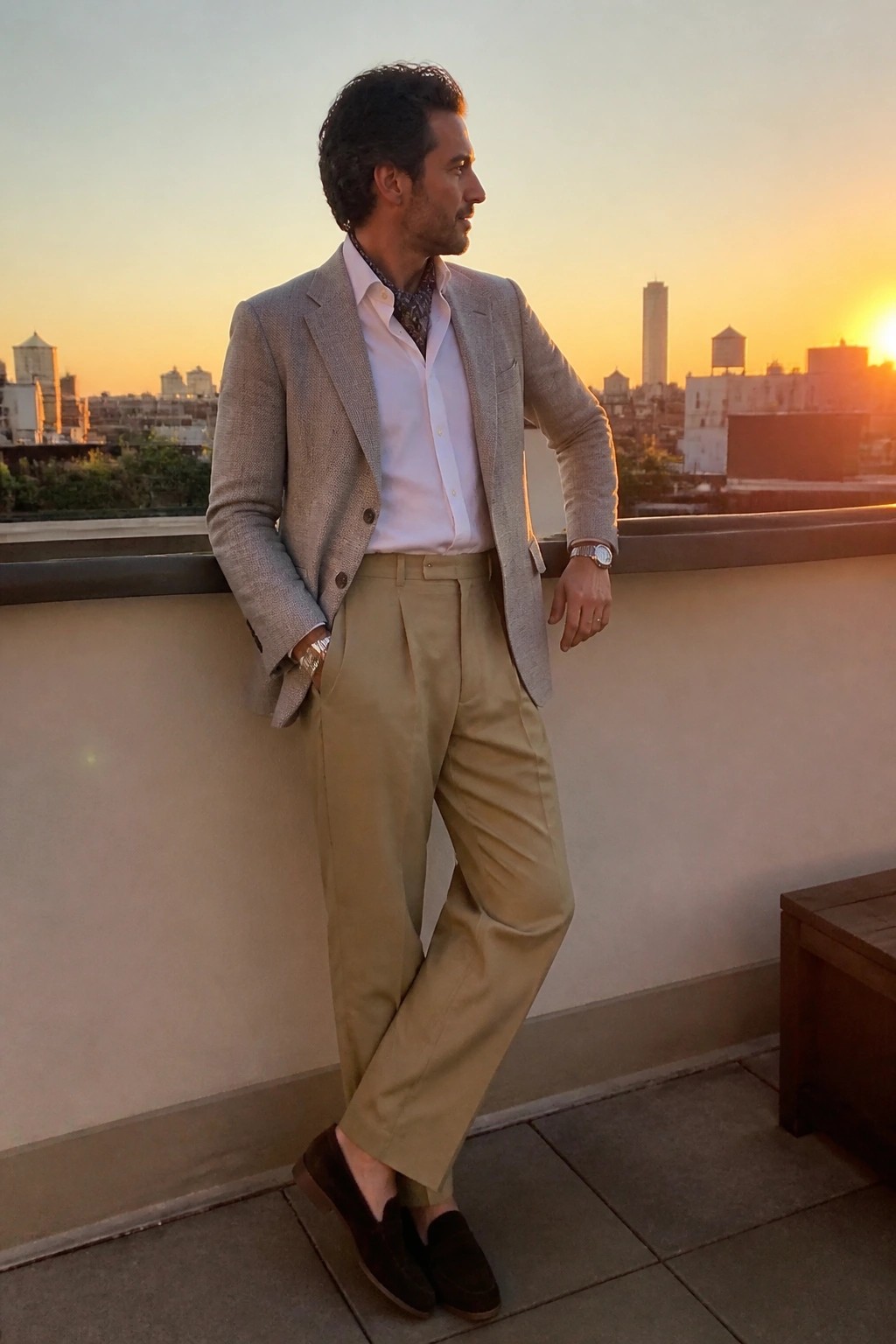 Man in light blazer and khaki trousers on city rooftop at sunset