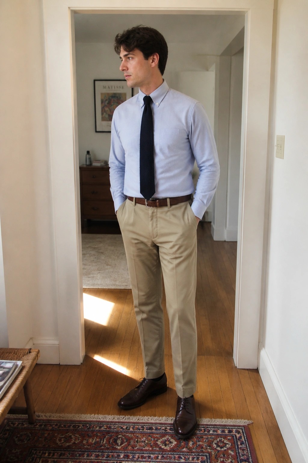 Man in blue shirt, navy tie, and khaki pants stands in sunlit doorway.