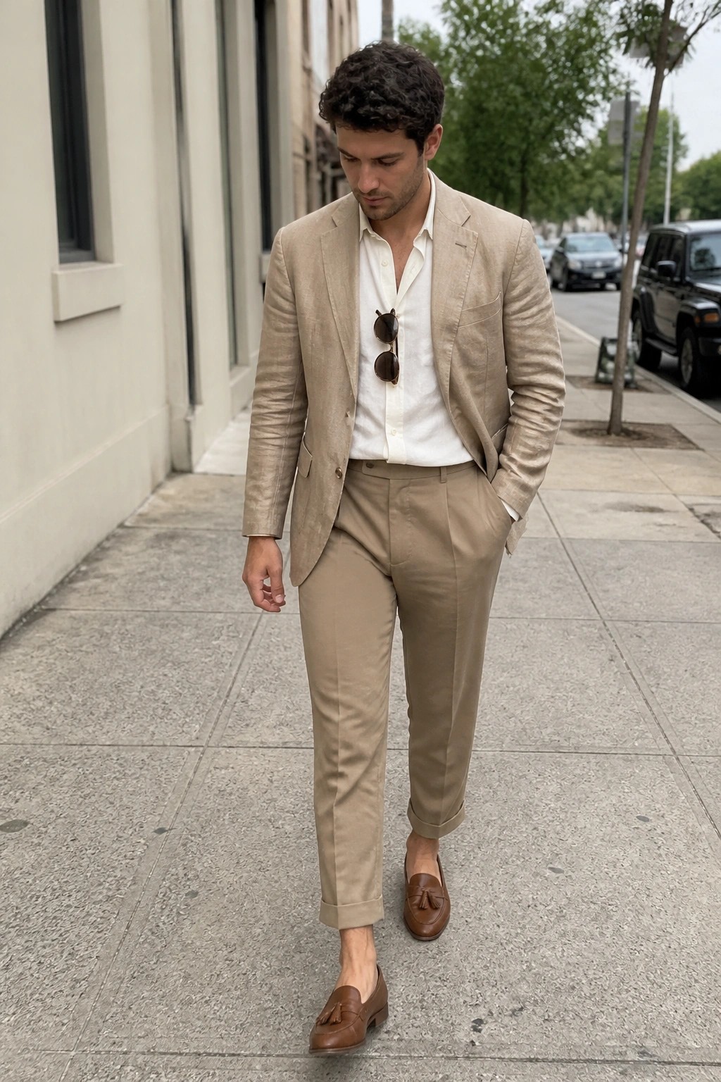 Man in beige suit jacket, trousers, white shirt, and brown tassel loafers on sidewalk