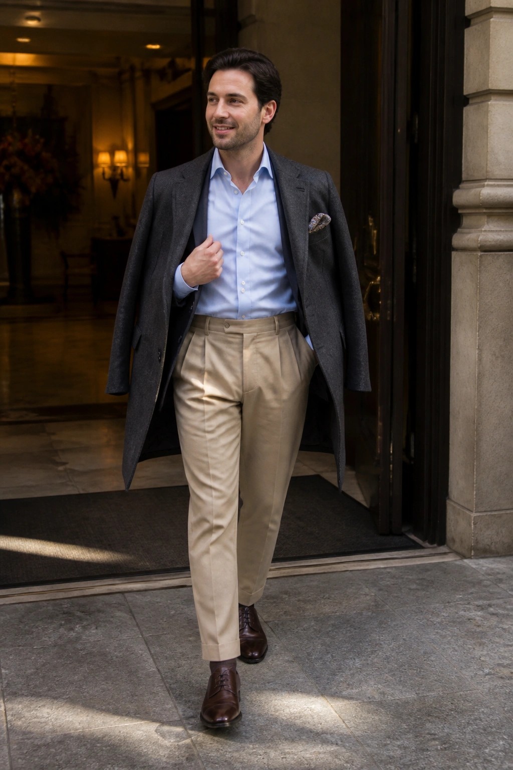 Man in gray overcoat over blue shirt and beige trousers exiting building doorway