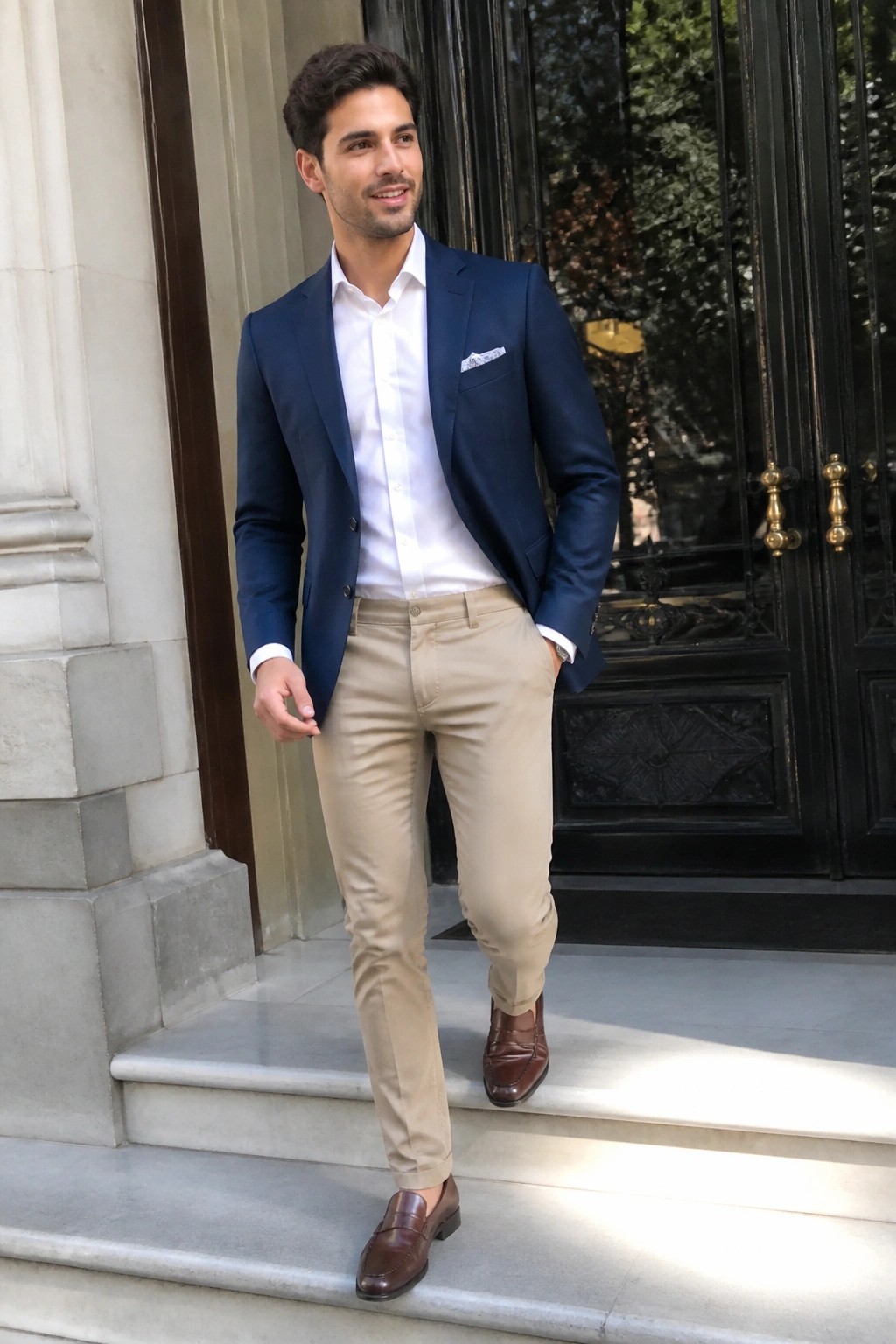Man in navy blazer and beige pants on steps by black door