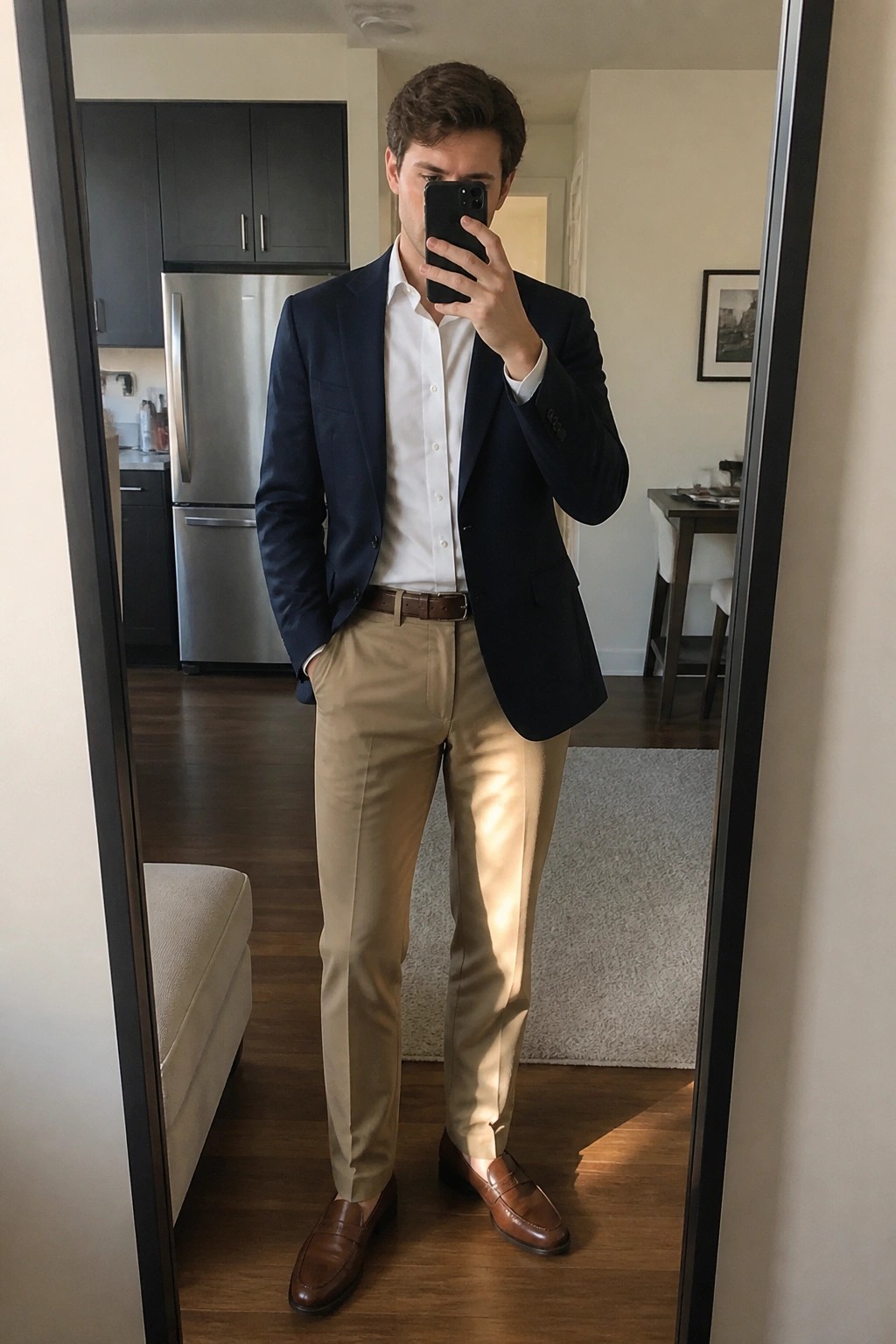 Man in navy blazer, white shirt, and khaki pants taking mirror selfie in apartment
