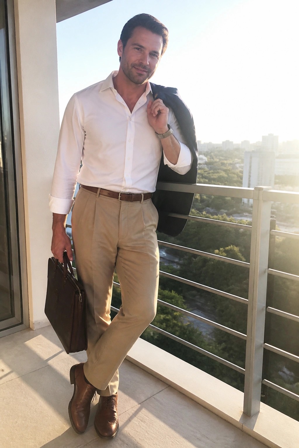 Man wearing white button down shirt tucked into pleated khaki pants with brown belt, brown brogue shoes, holding a brown leather briefcase and dark blazer over his shoulder.