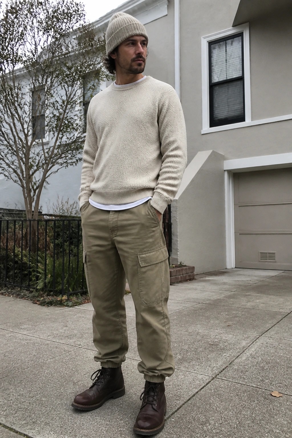 Man in beige beanie, cream sweater, cargo pants, and brown boots outdoors