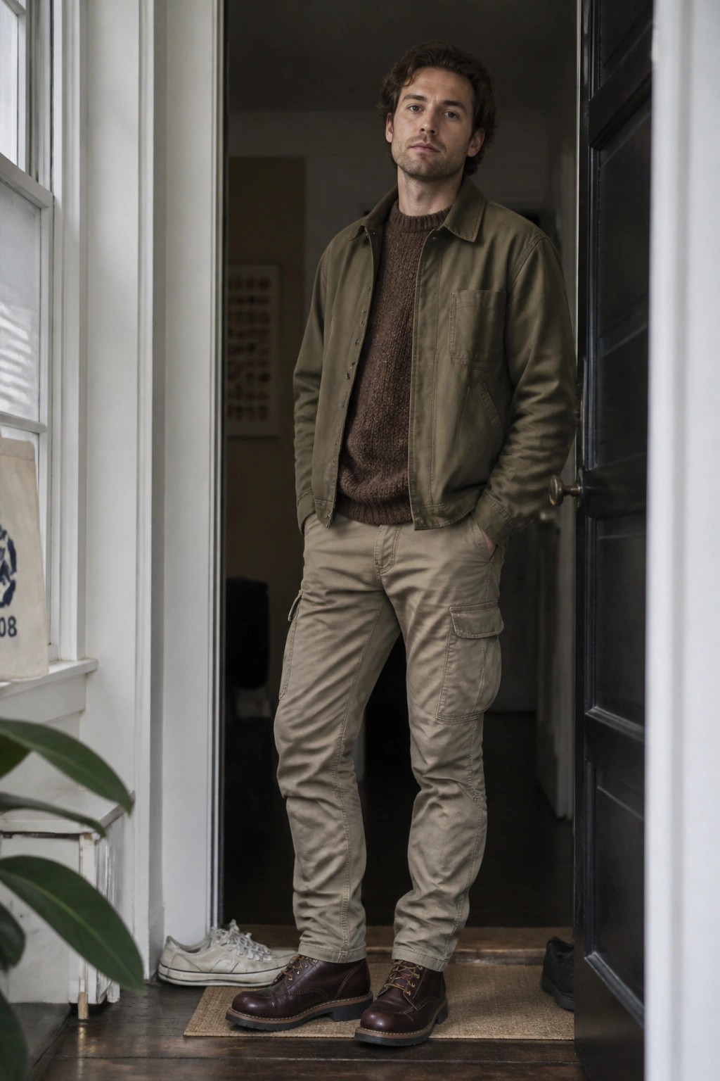 Man in olive jacket and beige cargo pants standing in home doorway