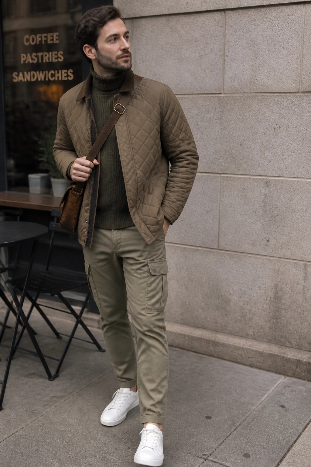Man in brown quilted jacket, green turtleneck, olive cargo pants, and white sneakers.