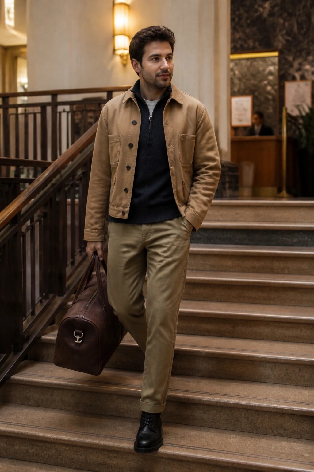 Man in tan jacket and khaki pants holding brown leather duffel on stairs