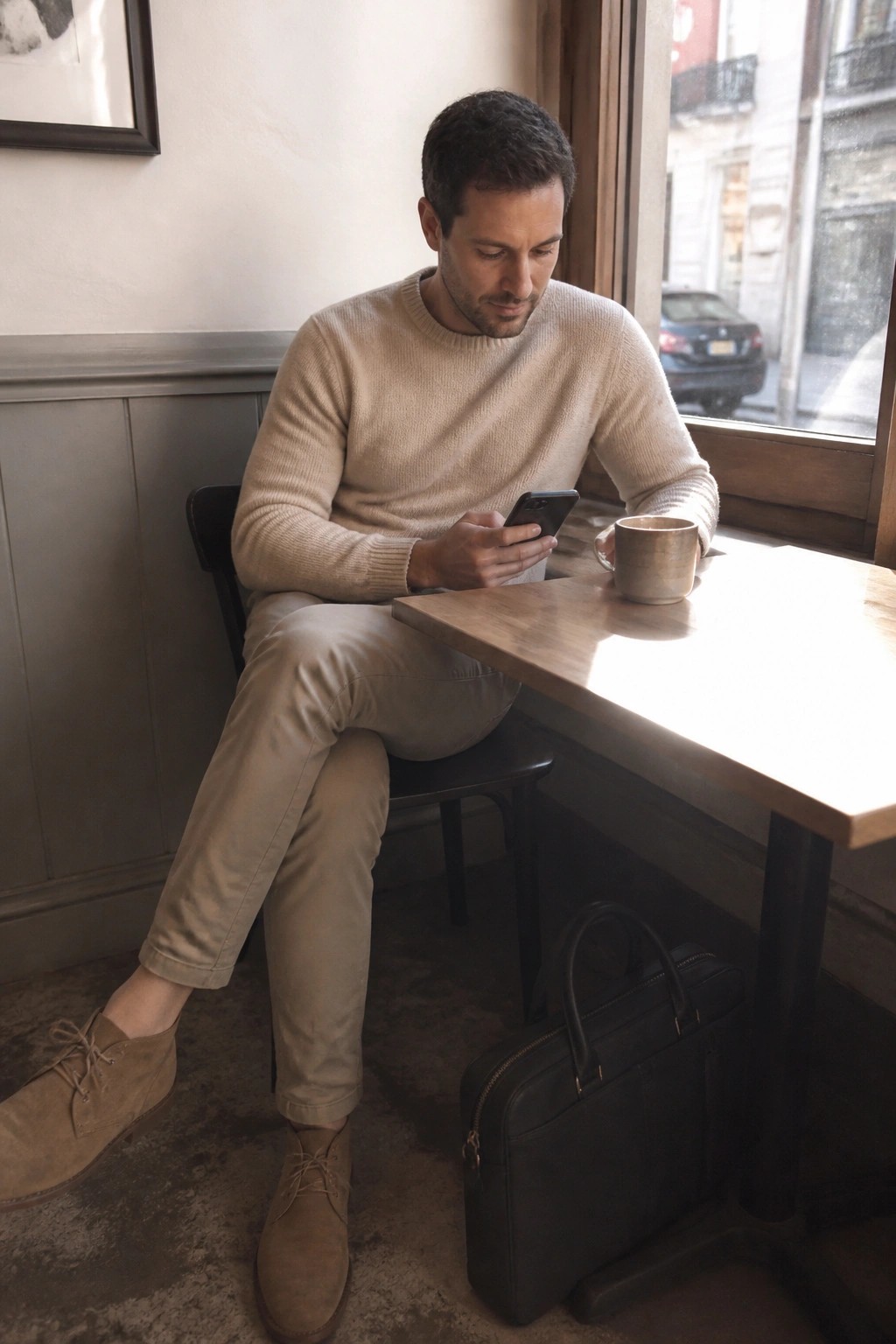 Man in beige sweater checks phone at wooden cafe table with black bag nearby