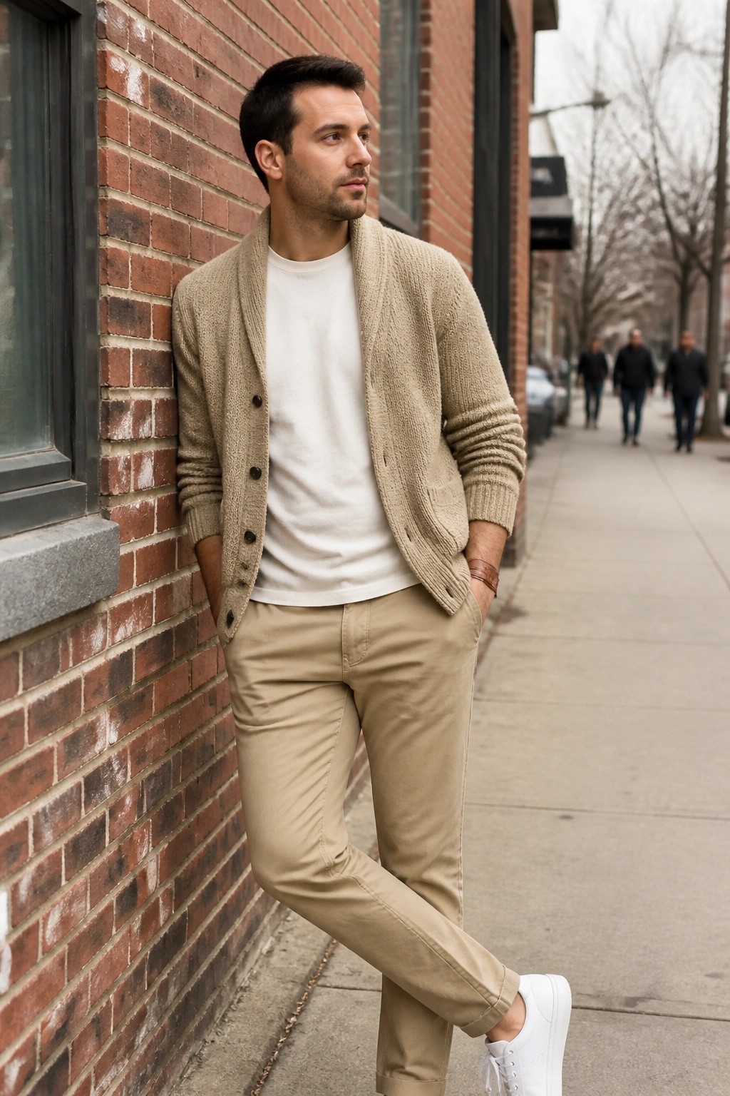 Man in beige cardigan, white tee, and khaki pants leaning on brick wall