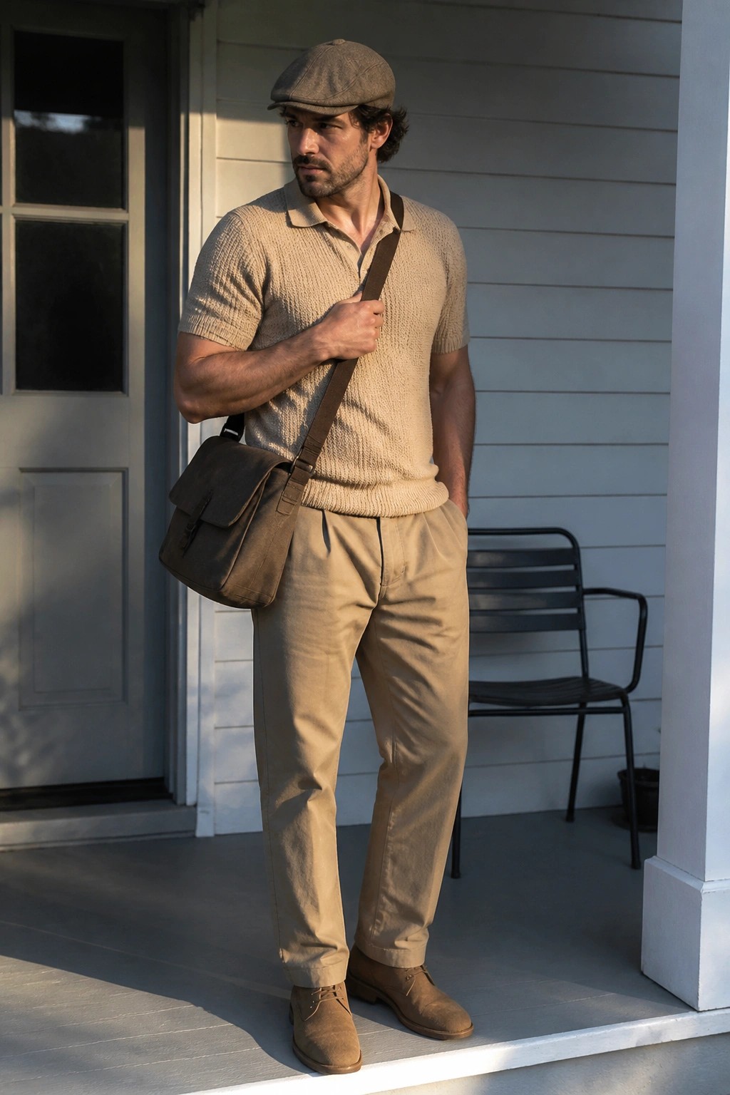 Man in beige knit polo, cap, and trousers holding messenger bag on porch